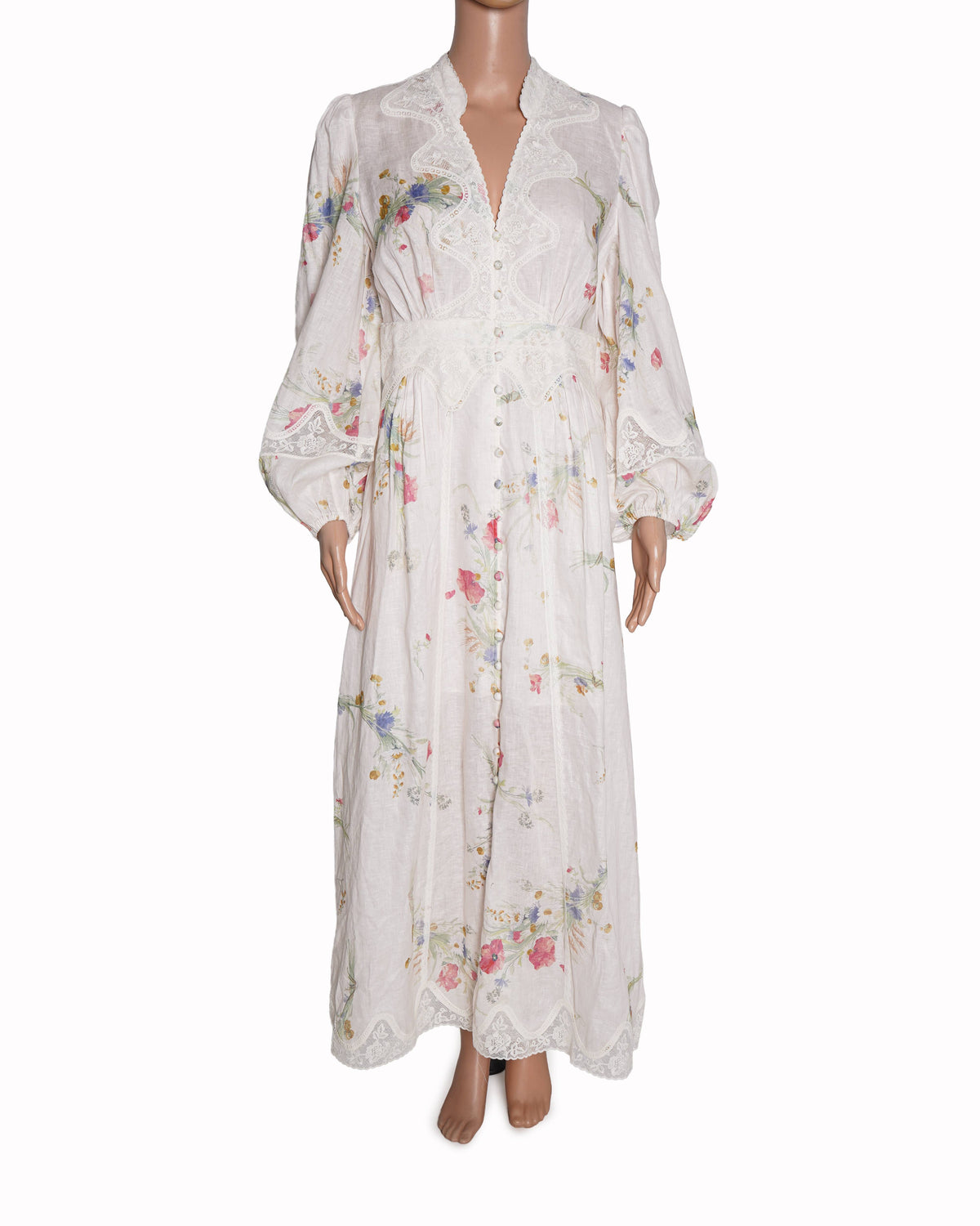 New Zimmerman Lucky Lace Floral Plunge Midi Dress in Linen