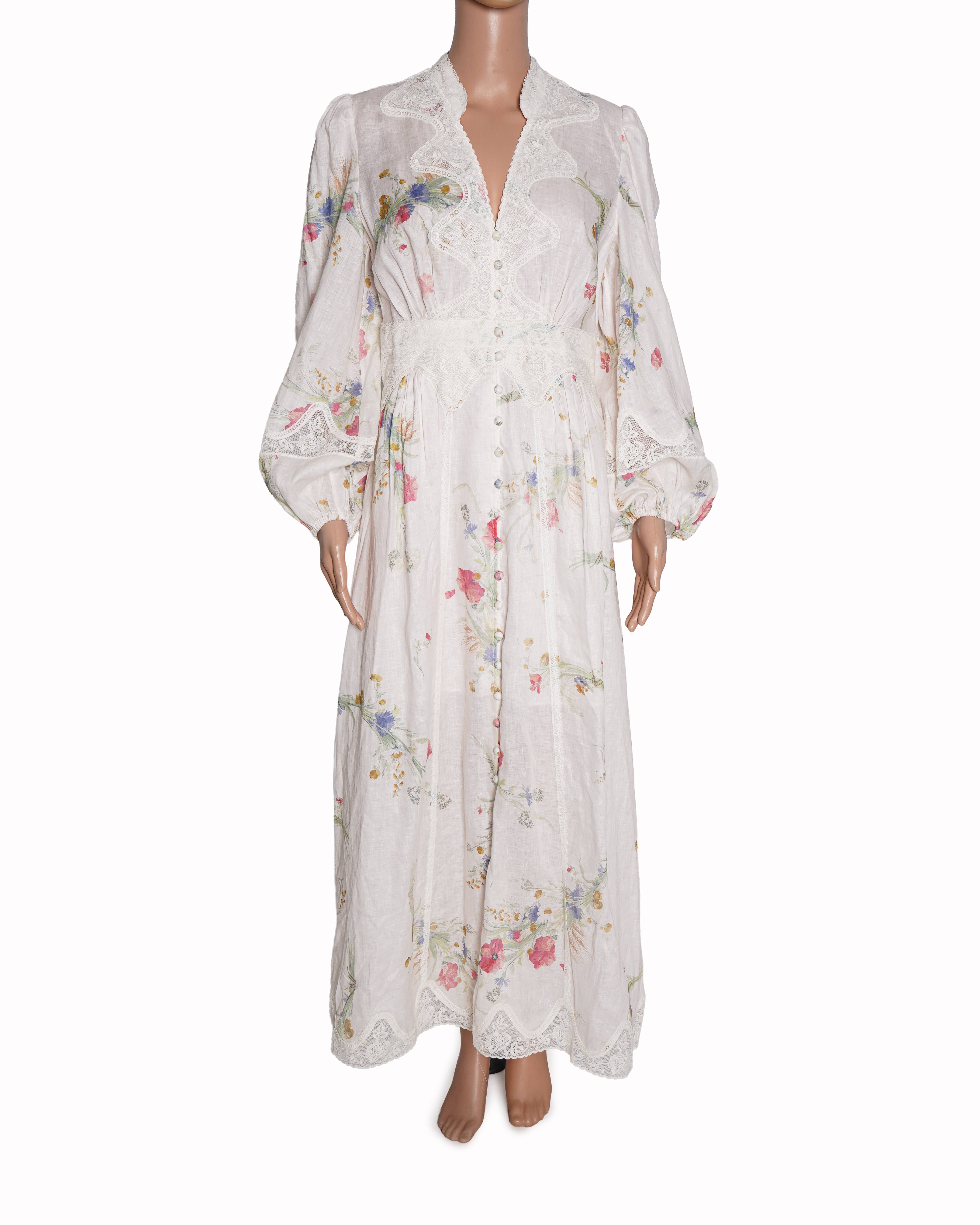 New Zimmerman Lucky Lace Floral Plunge Midi Dress in Linen
