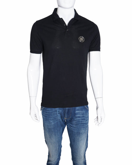 Balmain Black Piqué Cotton Polo T-Shirt with White Logo Hem