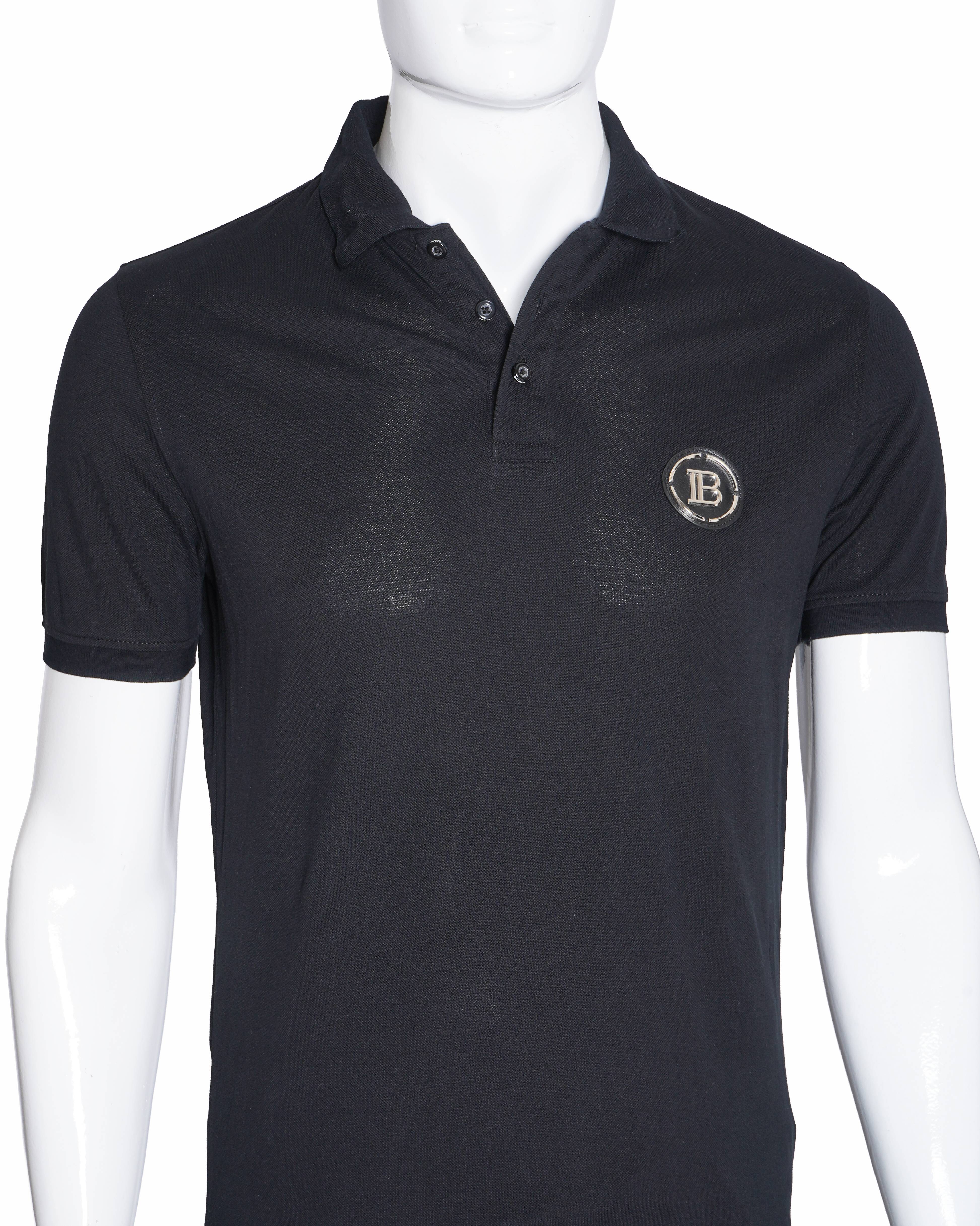 Balmain Black Piqué Cotton Polo T-Shirt with White Logo Hem