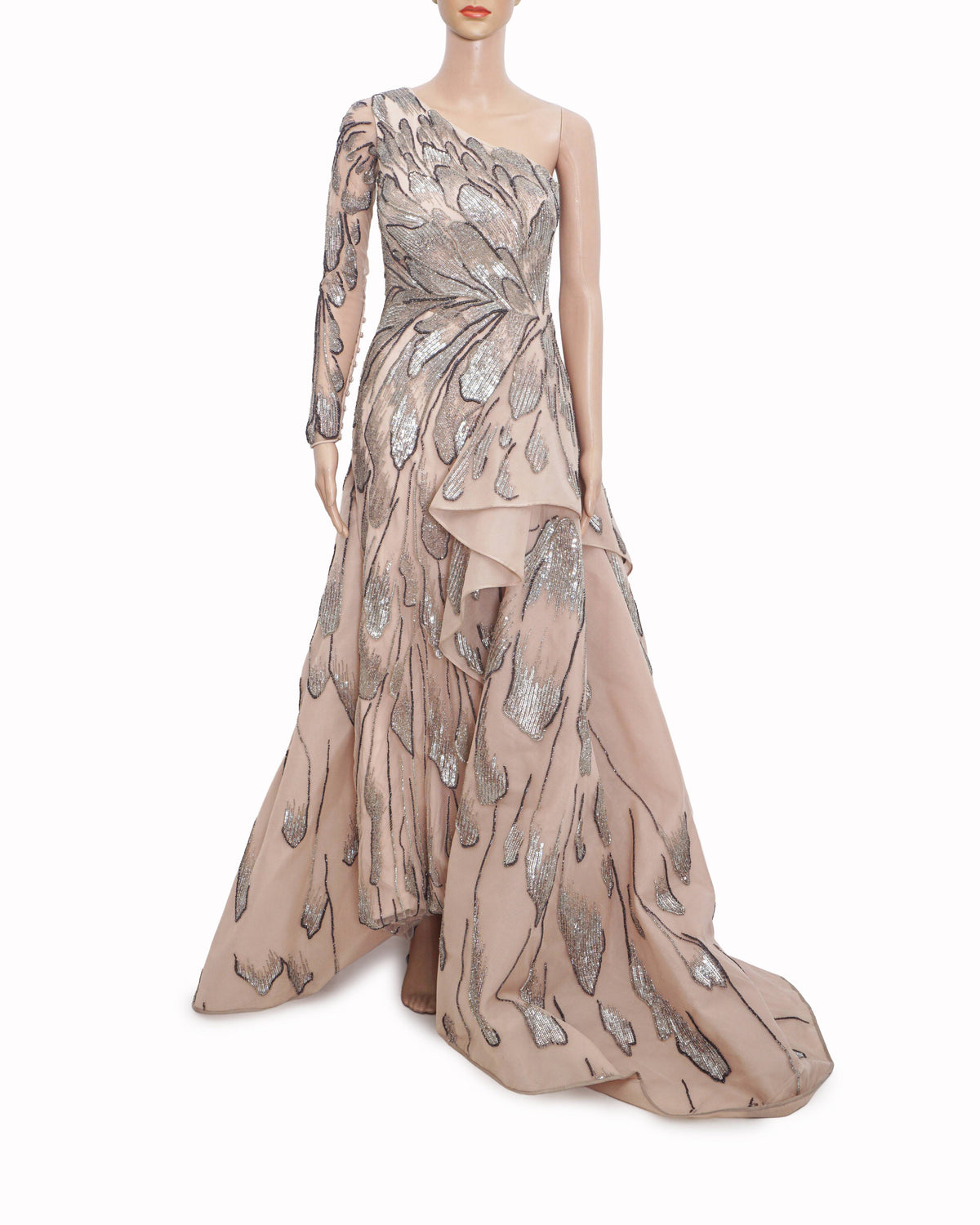 Gaurav Gupta Blush Pink Embellished One-Shoulder Layered Gown