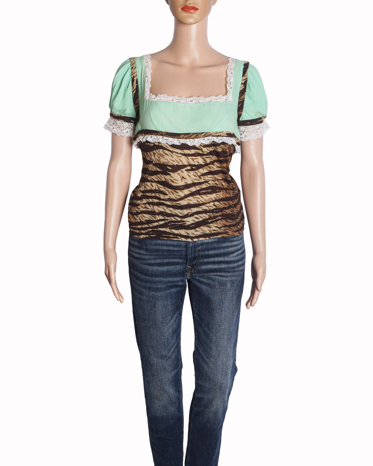 Dolce & Gabbana Mint Green & Animal Print Lace Trim Top