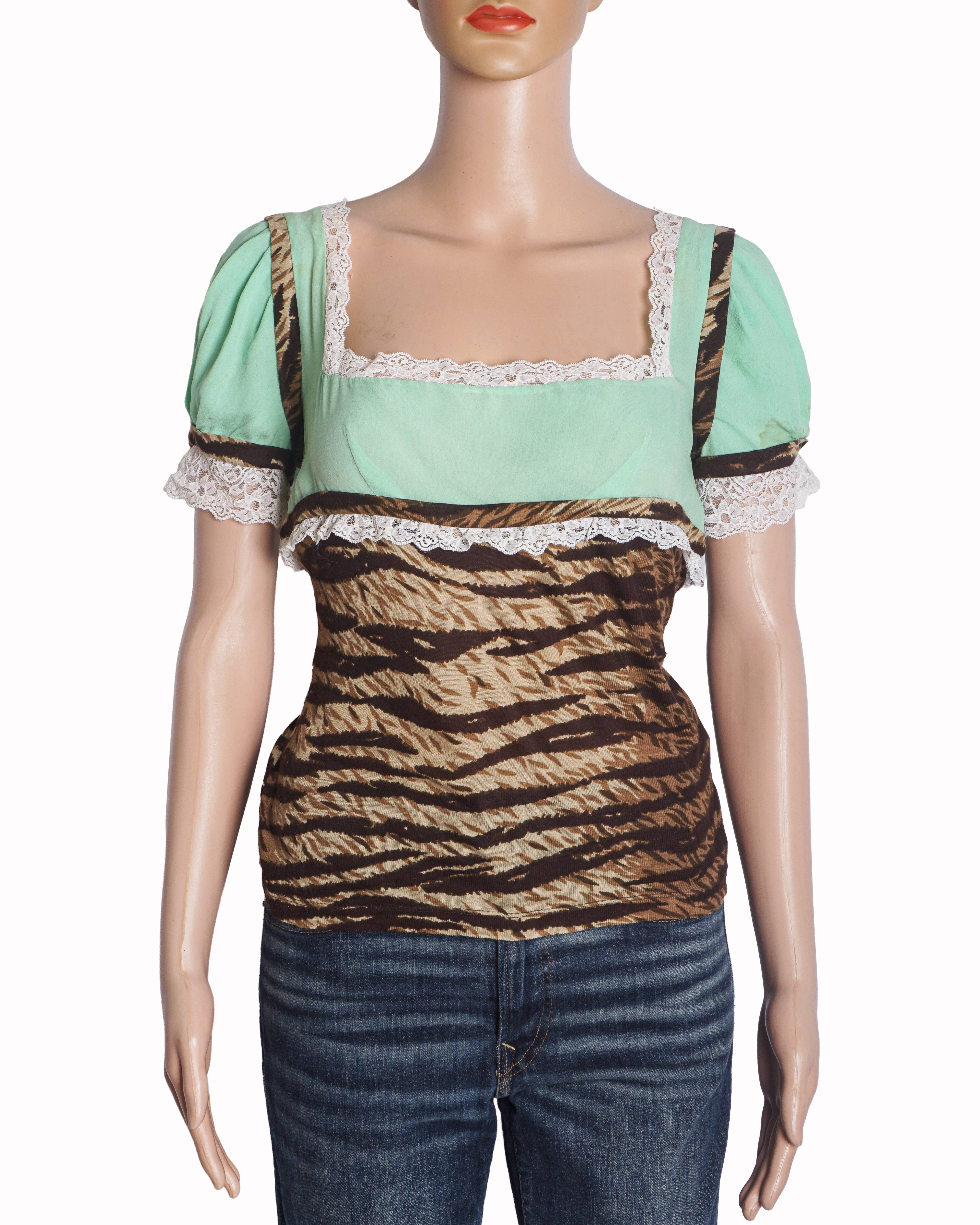Dolce & Gabbana Mint Green & Animal Print Lace Trim Top