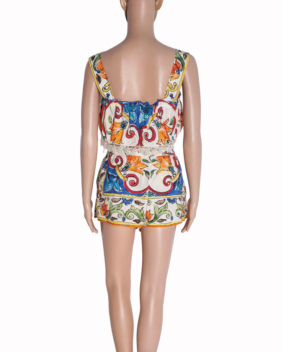 Dolce & Gabbana Carretto Print Cotton Crop Top, Shorts & Hairband Set