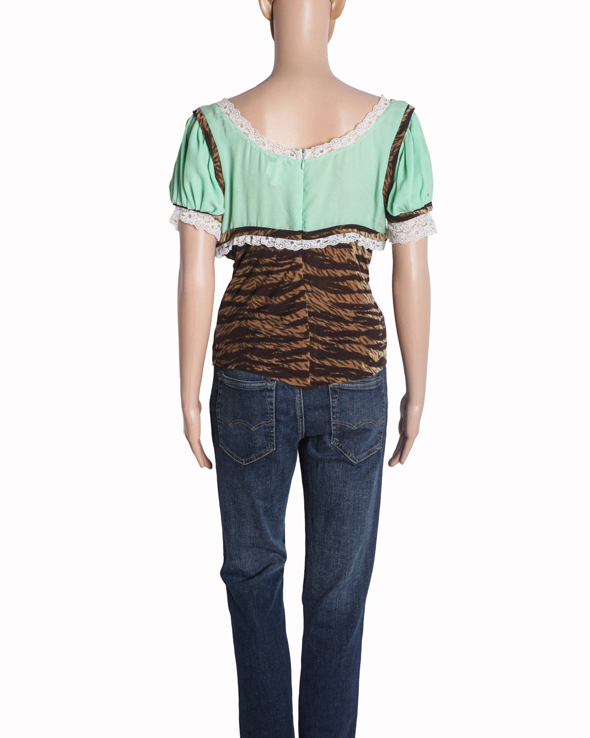Dolce & Gabbana Mint Green & Animal Print Lace Trim Top