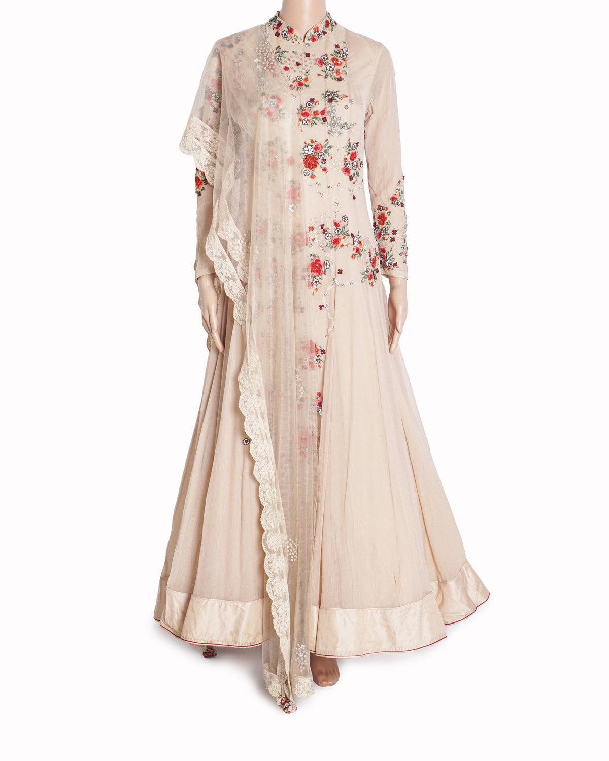 Dolly J Beige Floral Embroidered Floor-Length Gown With Dupatta