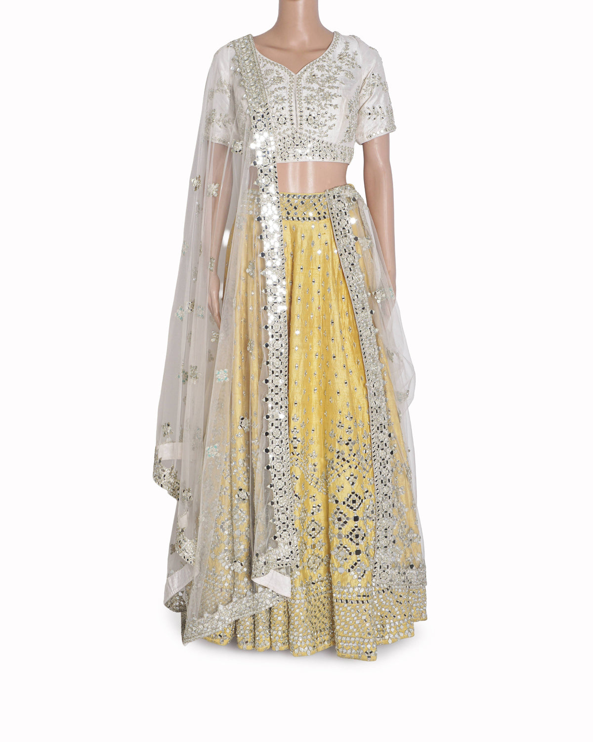 Abhinav Mishra Ivory & Yellow Mirror Work Lehenga Set