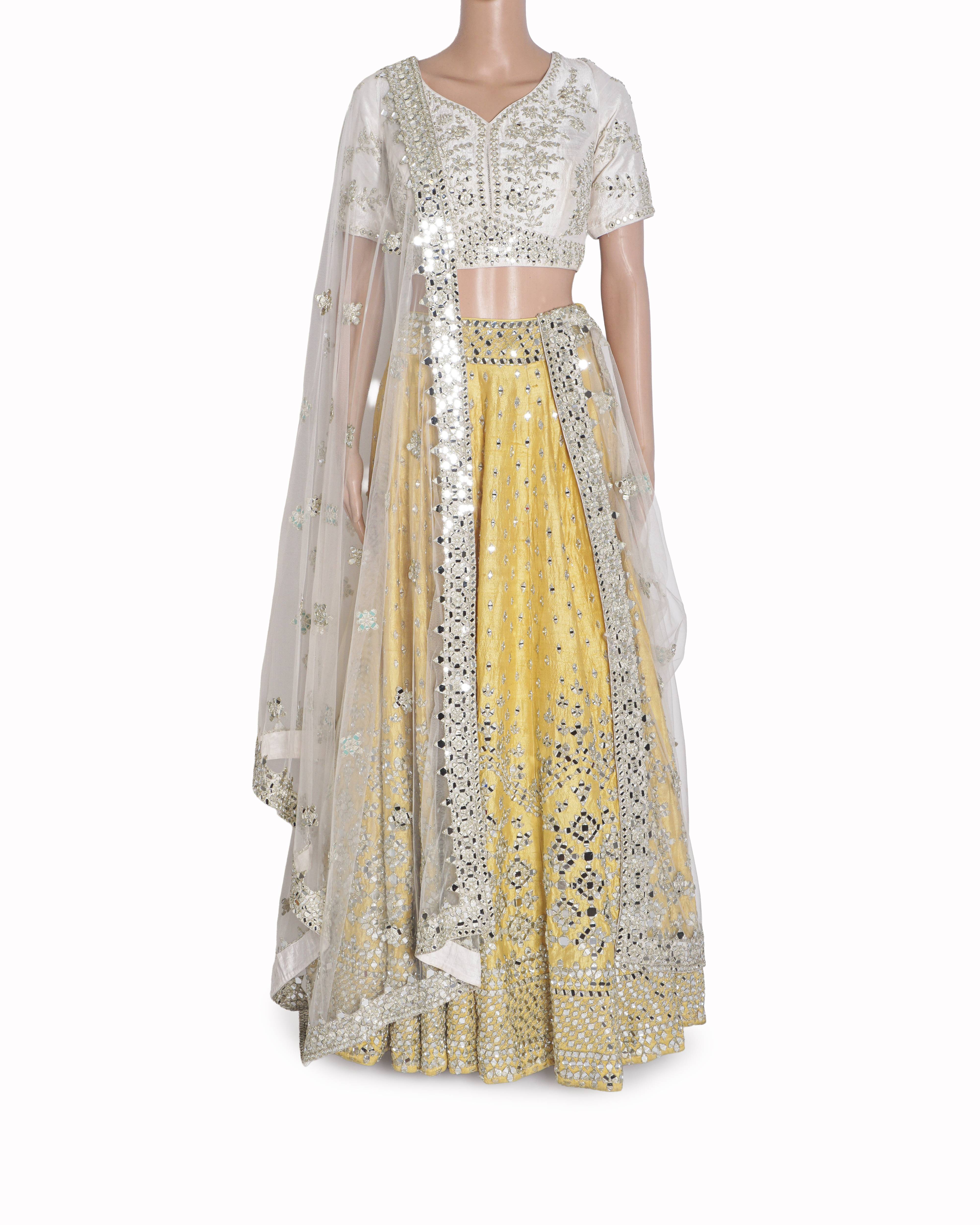 Abhinav Mishra Ivory & Yellow Mirror Work Lehenga Set