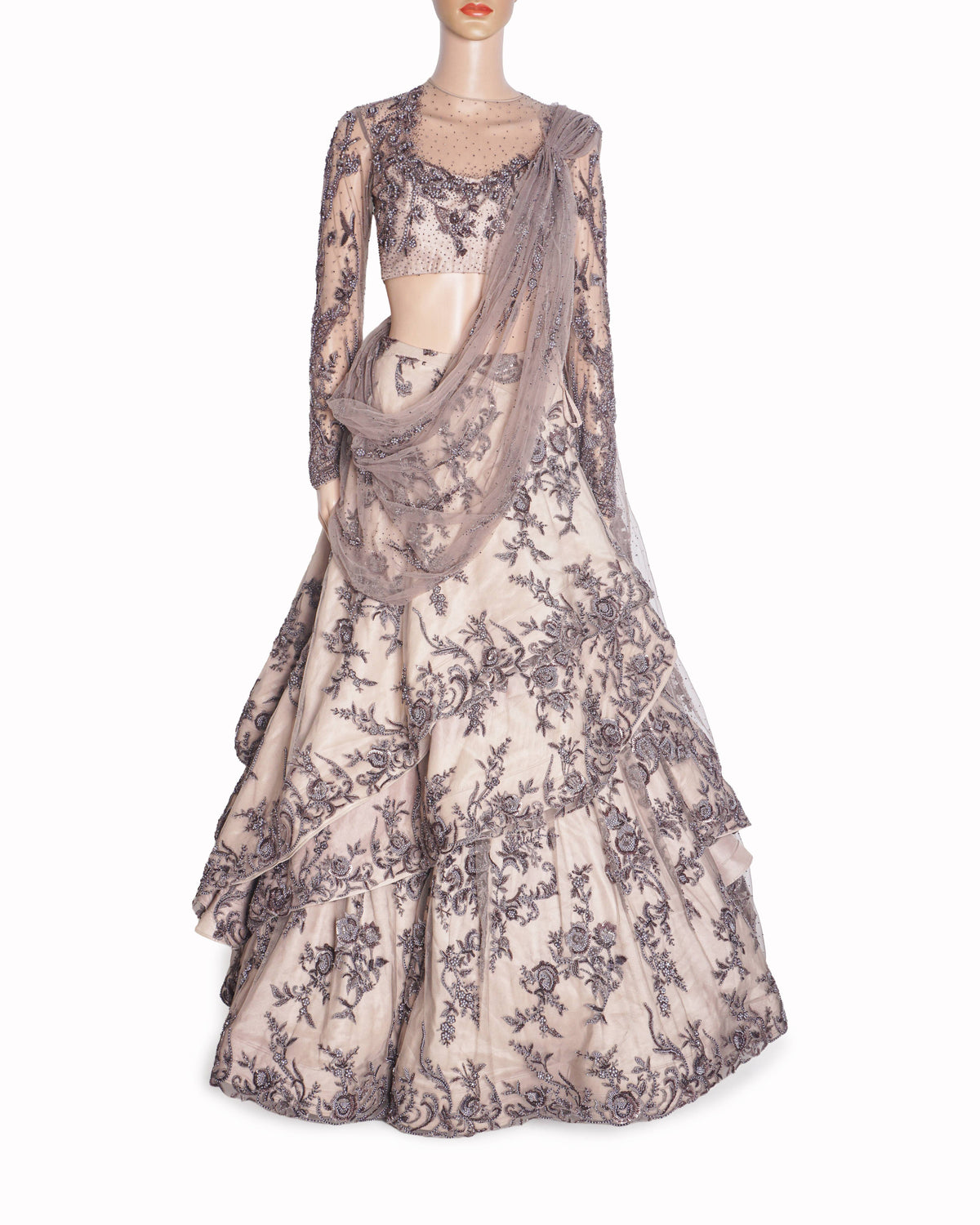 Gaurav Gupta Silver Sculpted Ivy Saree Lehenga Set