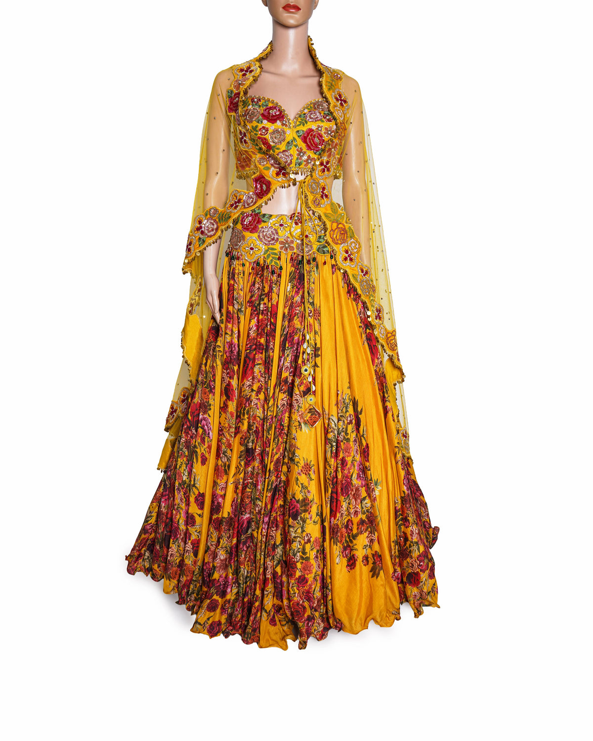 Gazal Gupta Yellow Floral Printed and Embroidered Lehenga Set