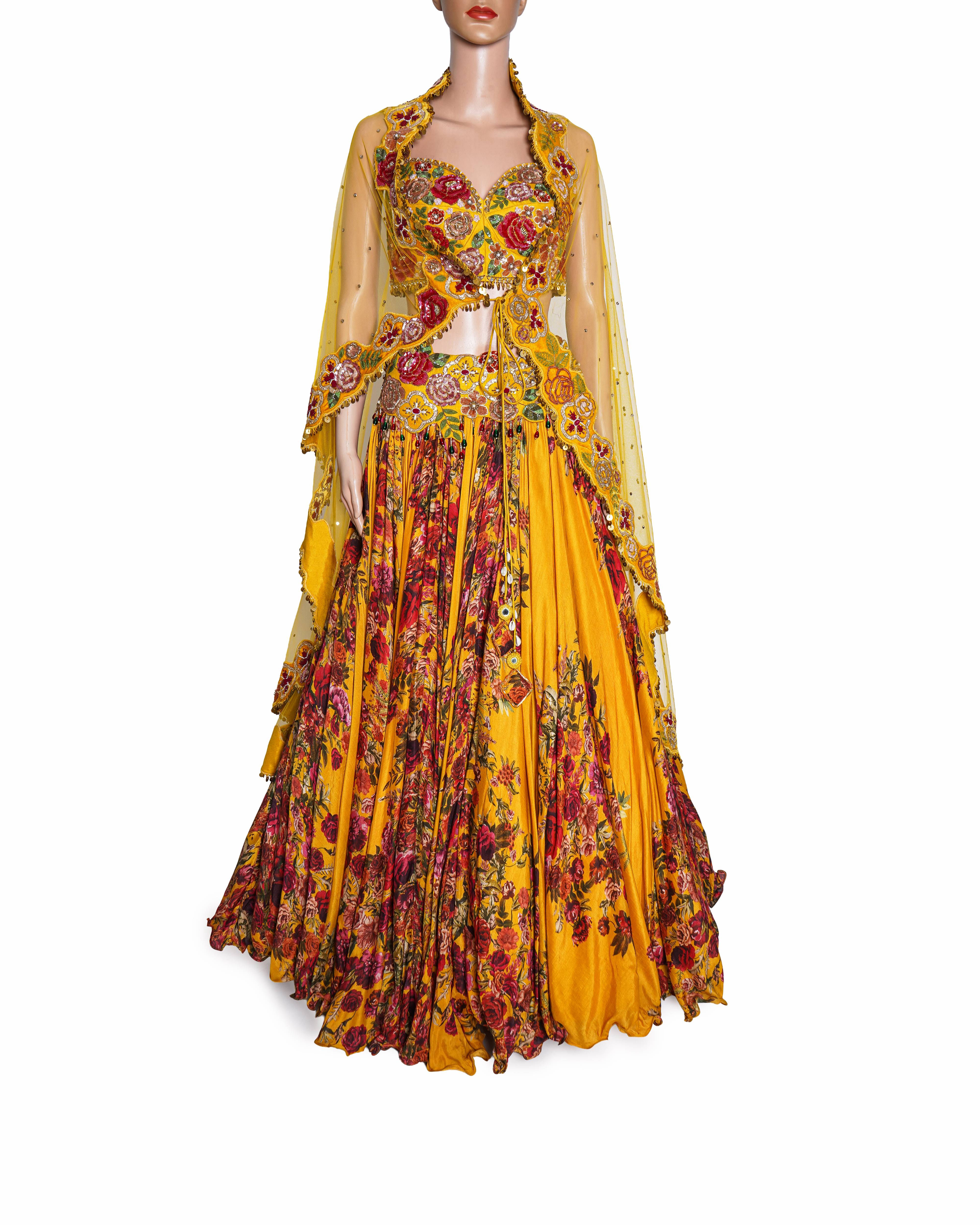 Gazal Gupta Yellow Floral Printed and Embroidered Lehenga Set