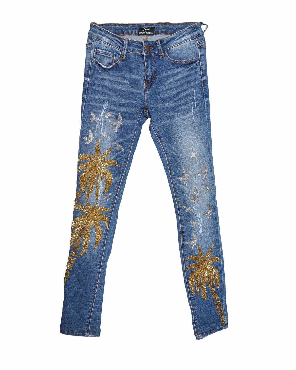 Monisha Jaisingh Women's Embroidered Gold Sequin Palm Tree Jeans