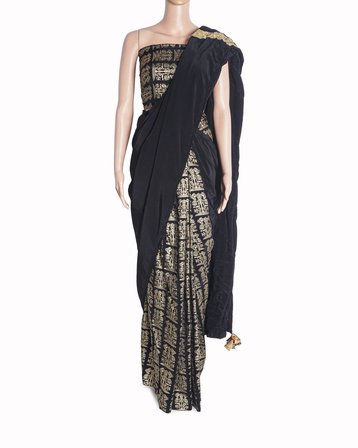 Masaba Black & Gold Birds Foil Printed Pre-Pleated Saree
