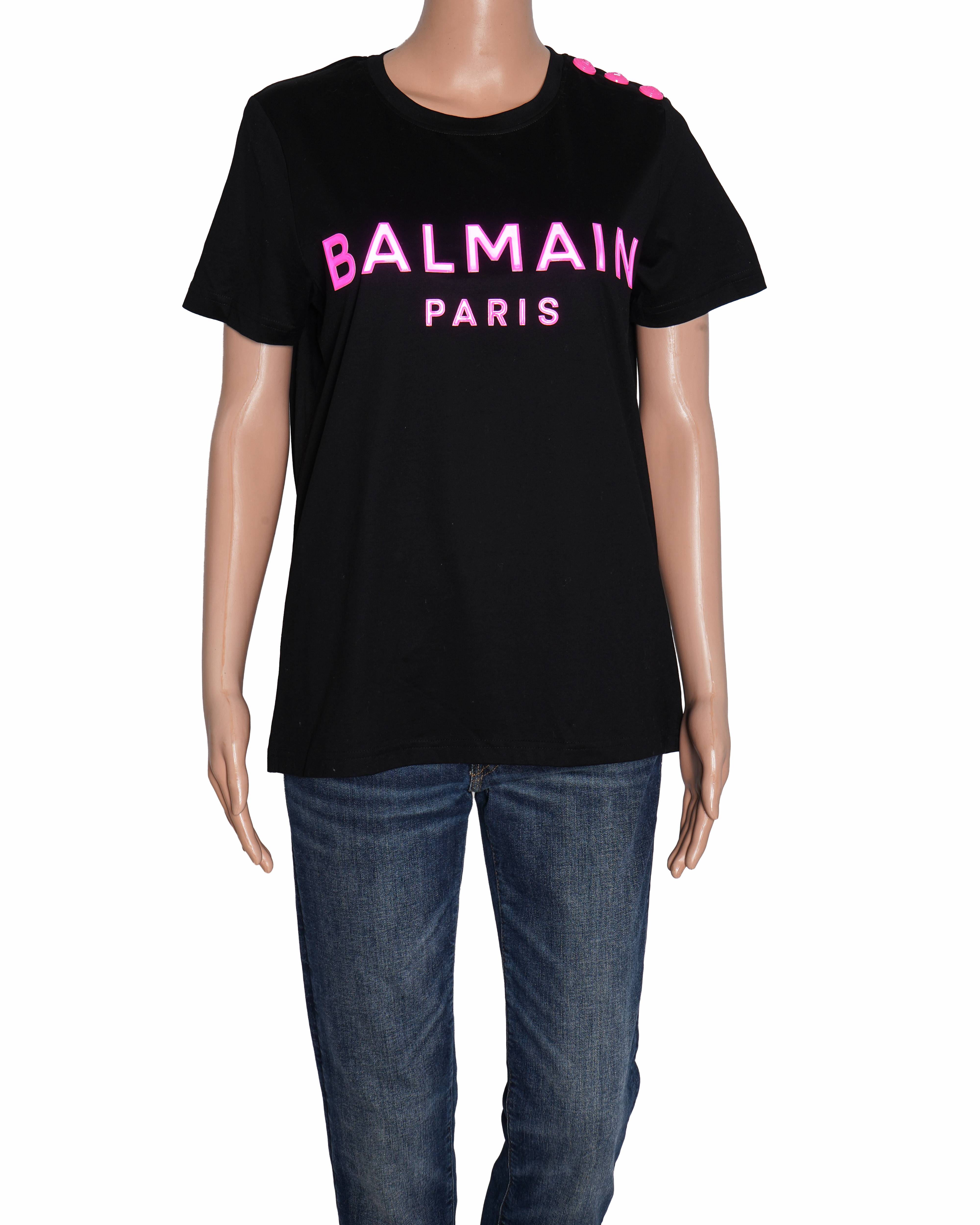 New Balmain Women's T-shirt In Black With Pink Accent