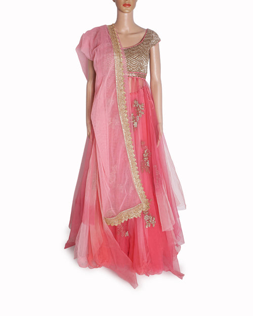 Anushree Reddy Dual-Tone Pink & Gold Net Anarkali Skirt Set