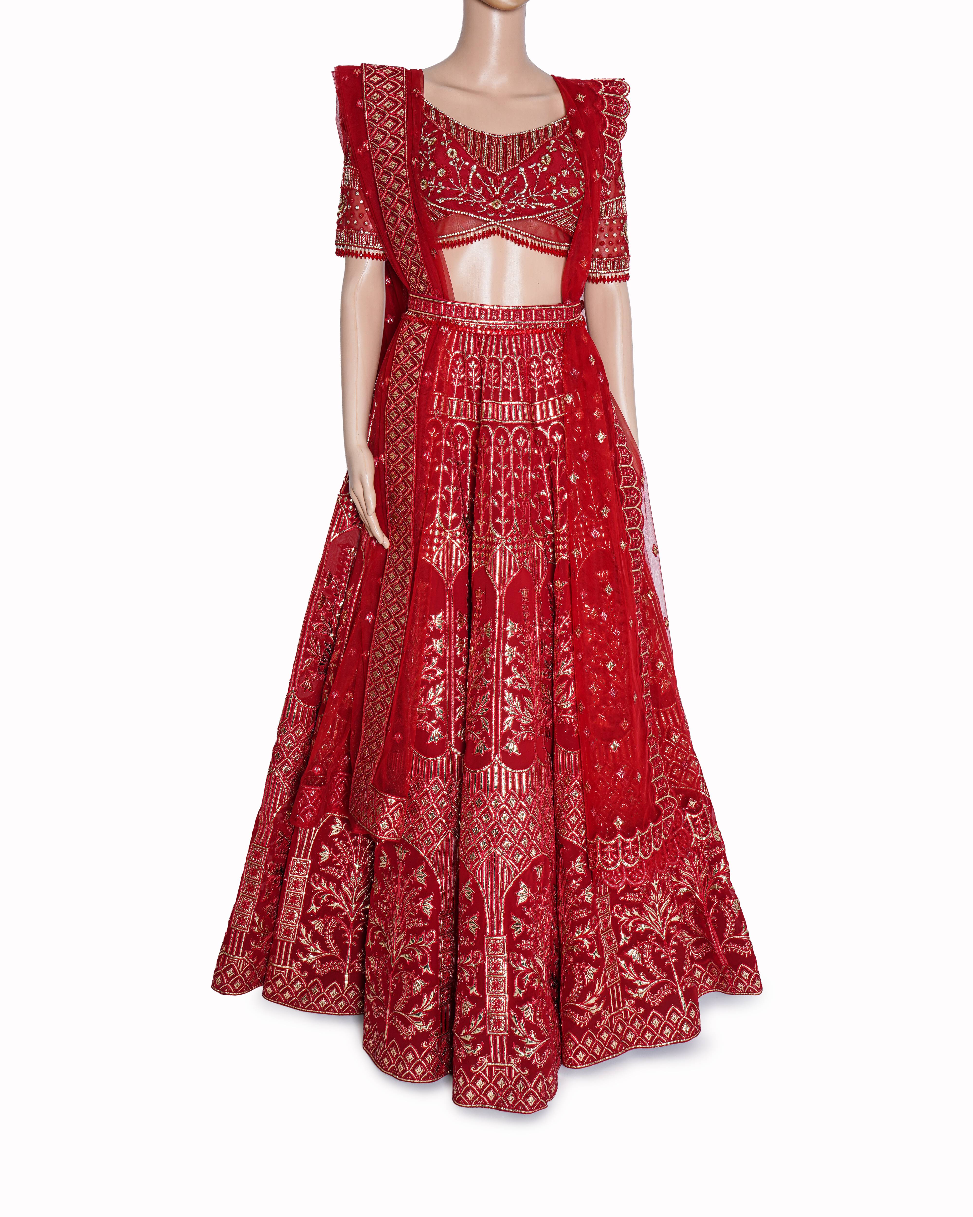 Falguni Shane Peacock Ambawatta Red Bridal Lehenga Set