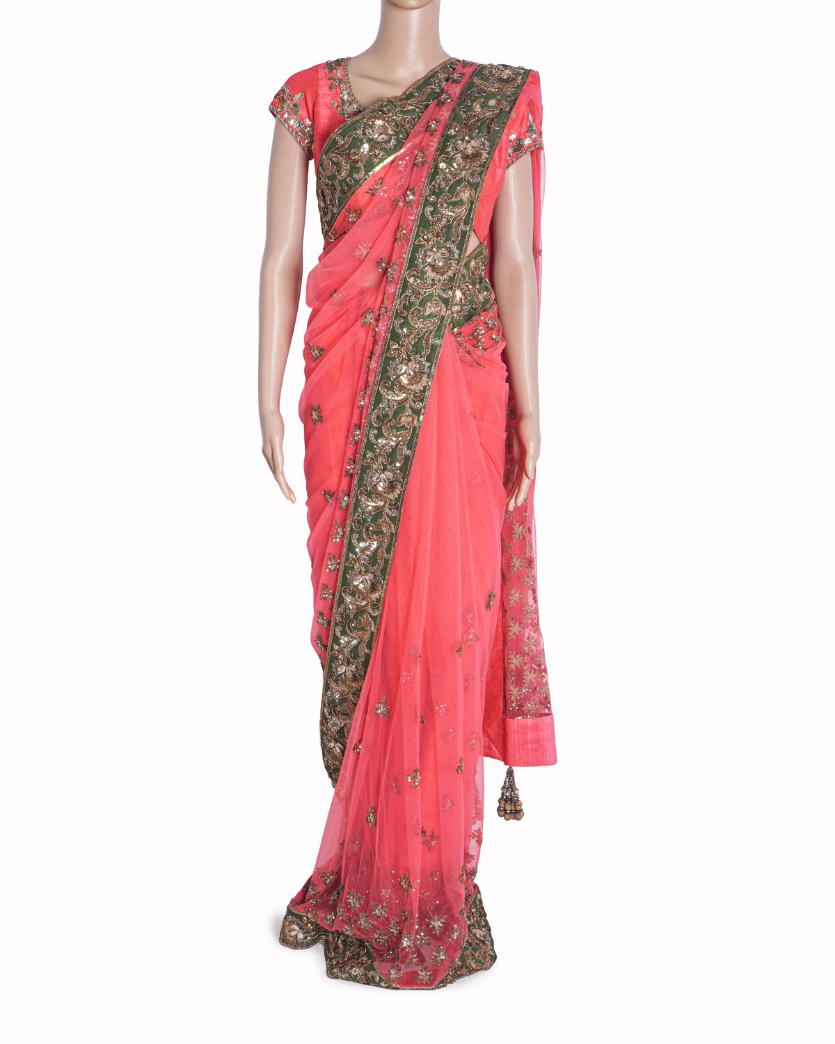 Manish Malhotra Hot Pink & Olive Green Embroidered Saree Set