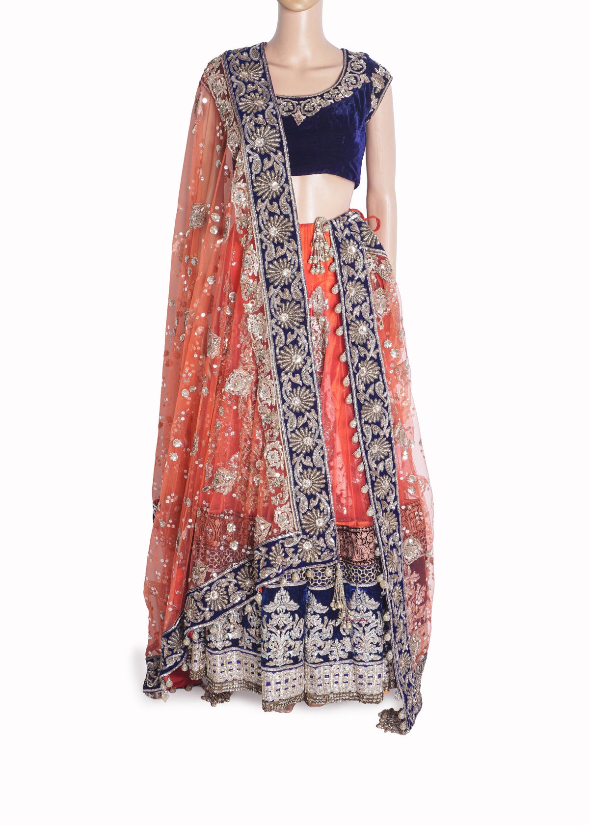 Manish Malhotra Coral Pink & Royal Blue Velvet Lehenga Set