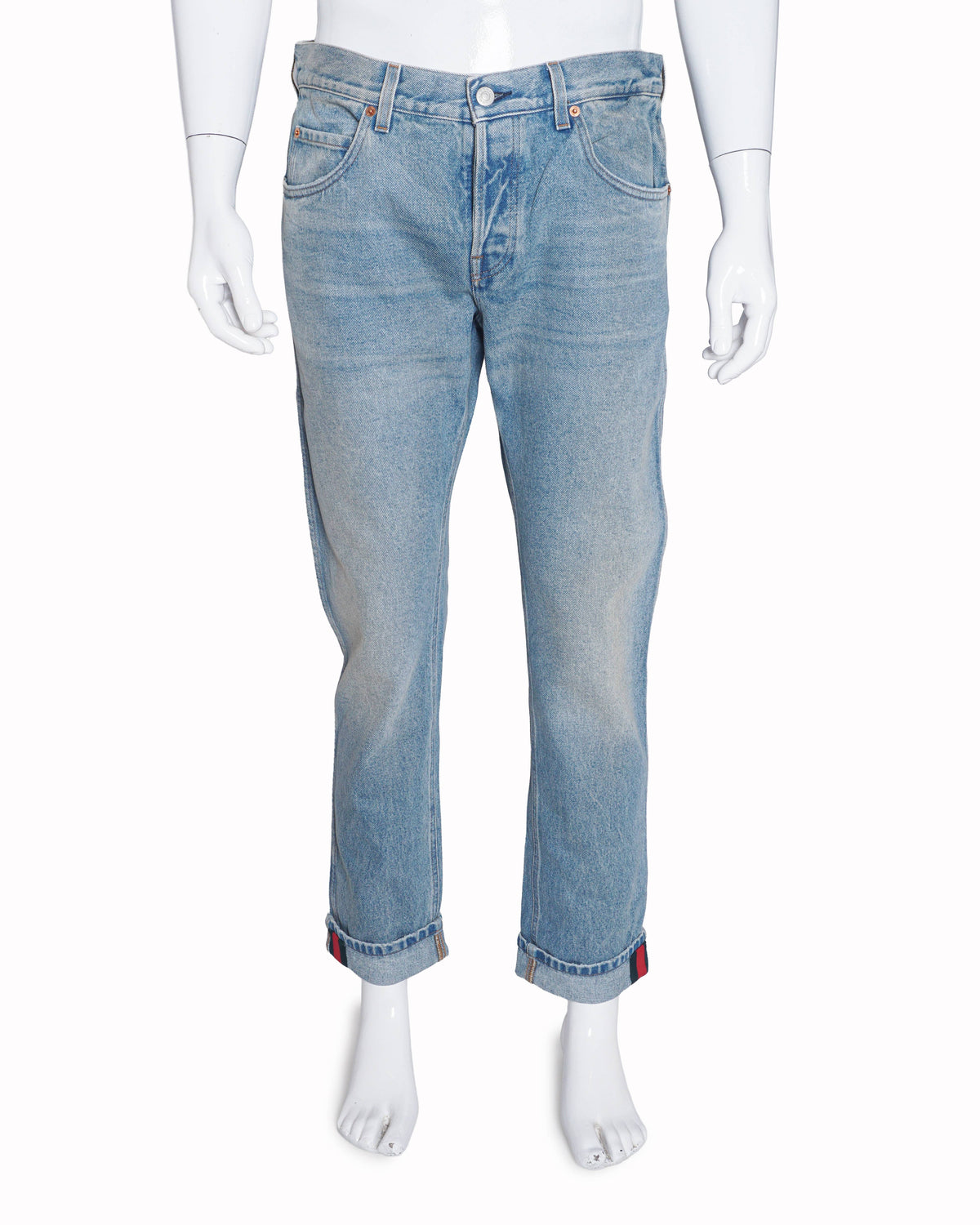 Gucci Men's Light Blue Web Stripe Selvedge Denim Jeans