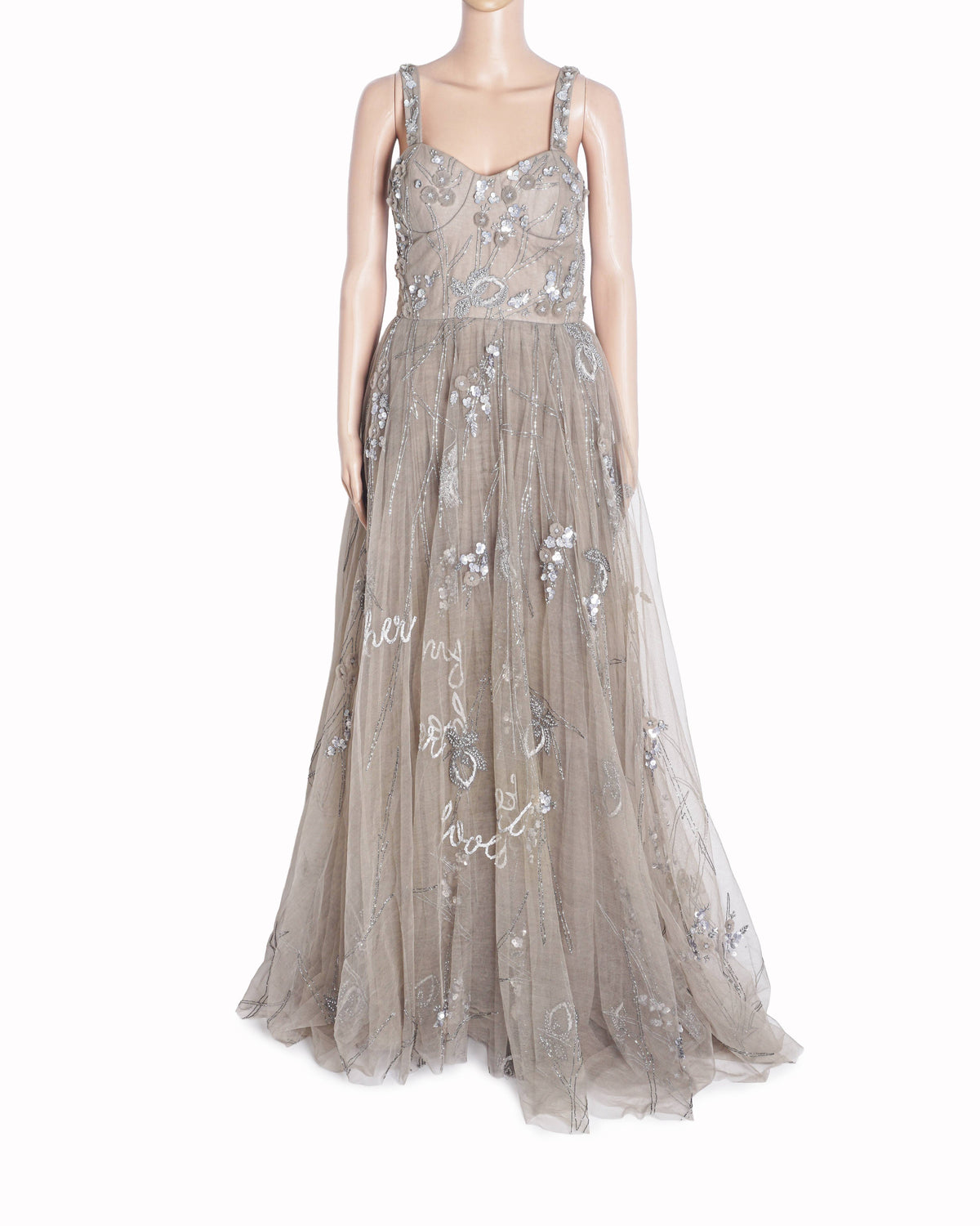 Karleo Mauve Taupe Sequined Tulle Evening Gown