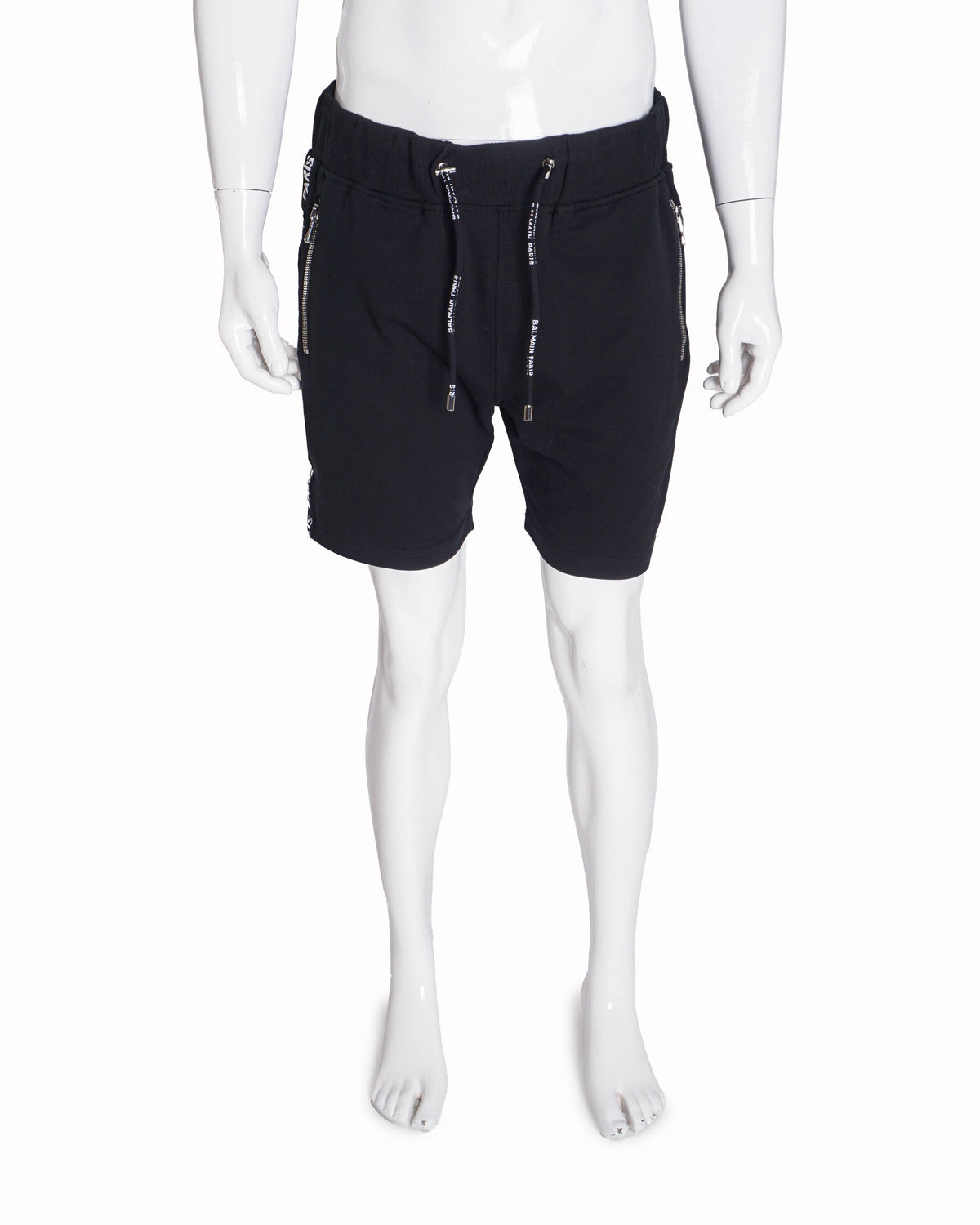 Balmain Men's Black Cotton Side Logo Tape Zipper Shorts
