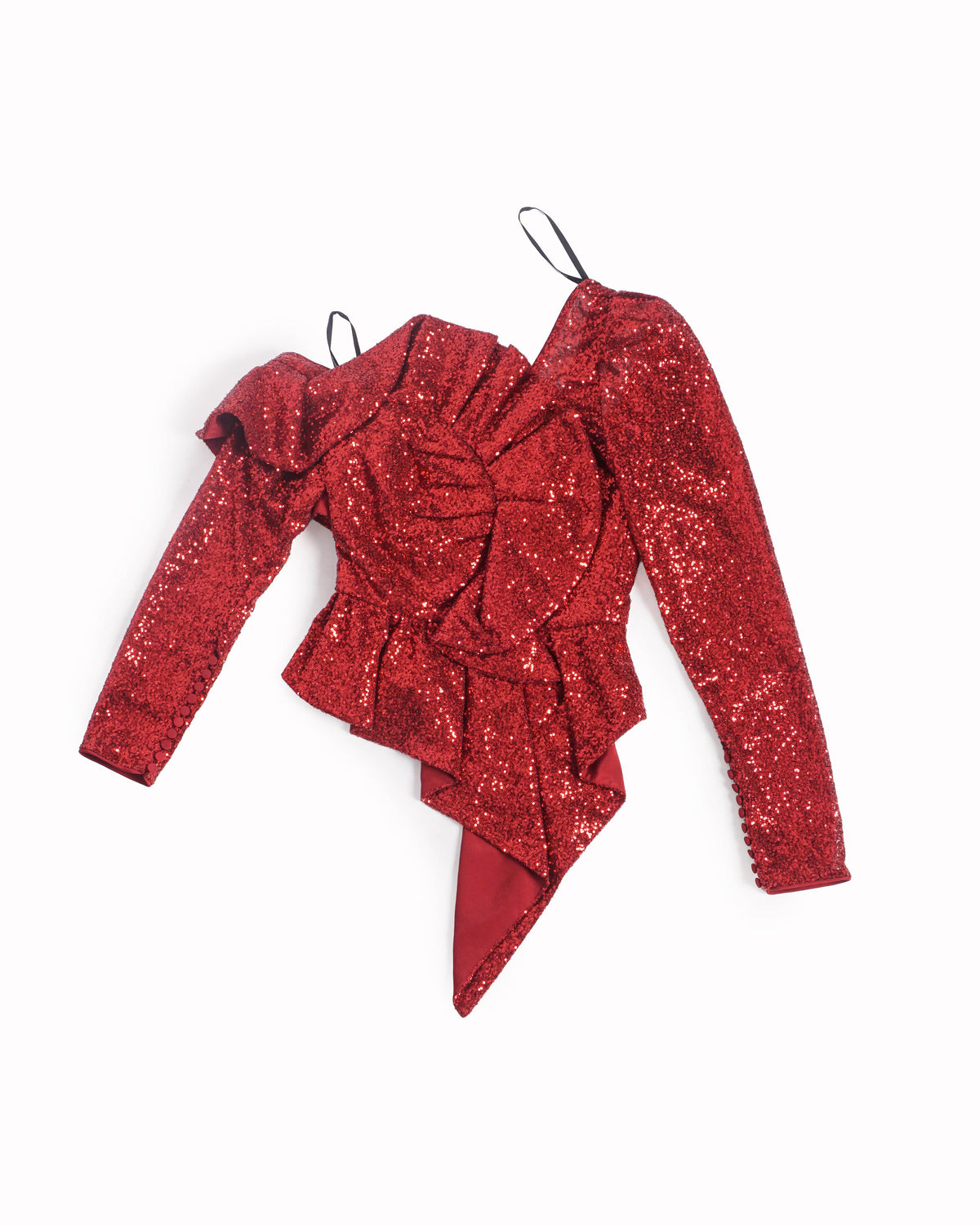 Self-Portrait Red Sequin Oversized Bow Asymmetric Top