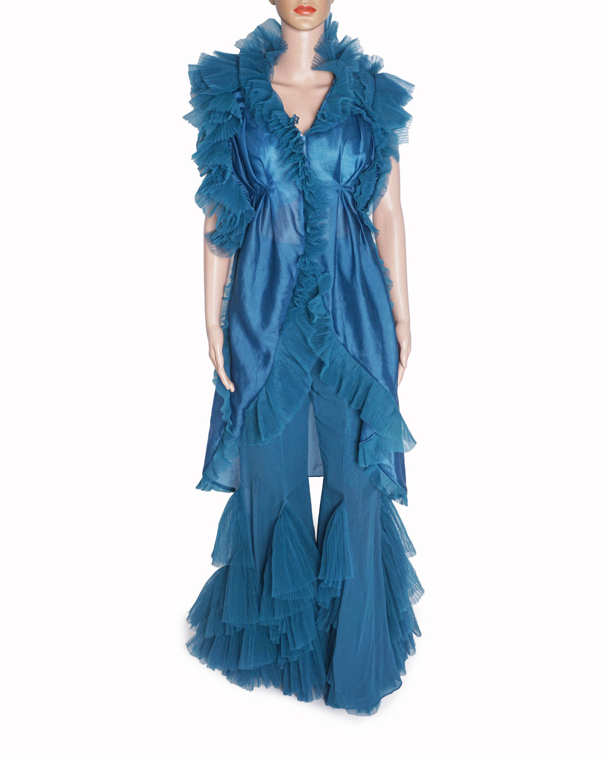 Sulakshana Monga Peacock Blue Frill Micro Pleated Tulle Set