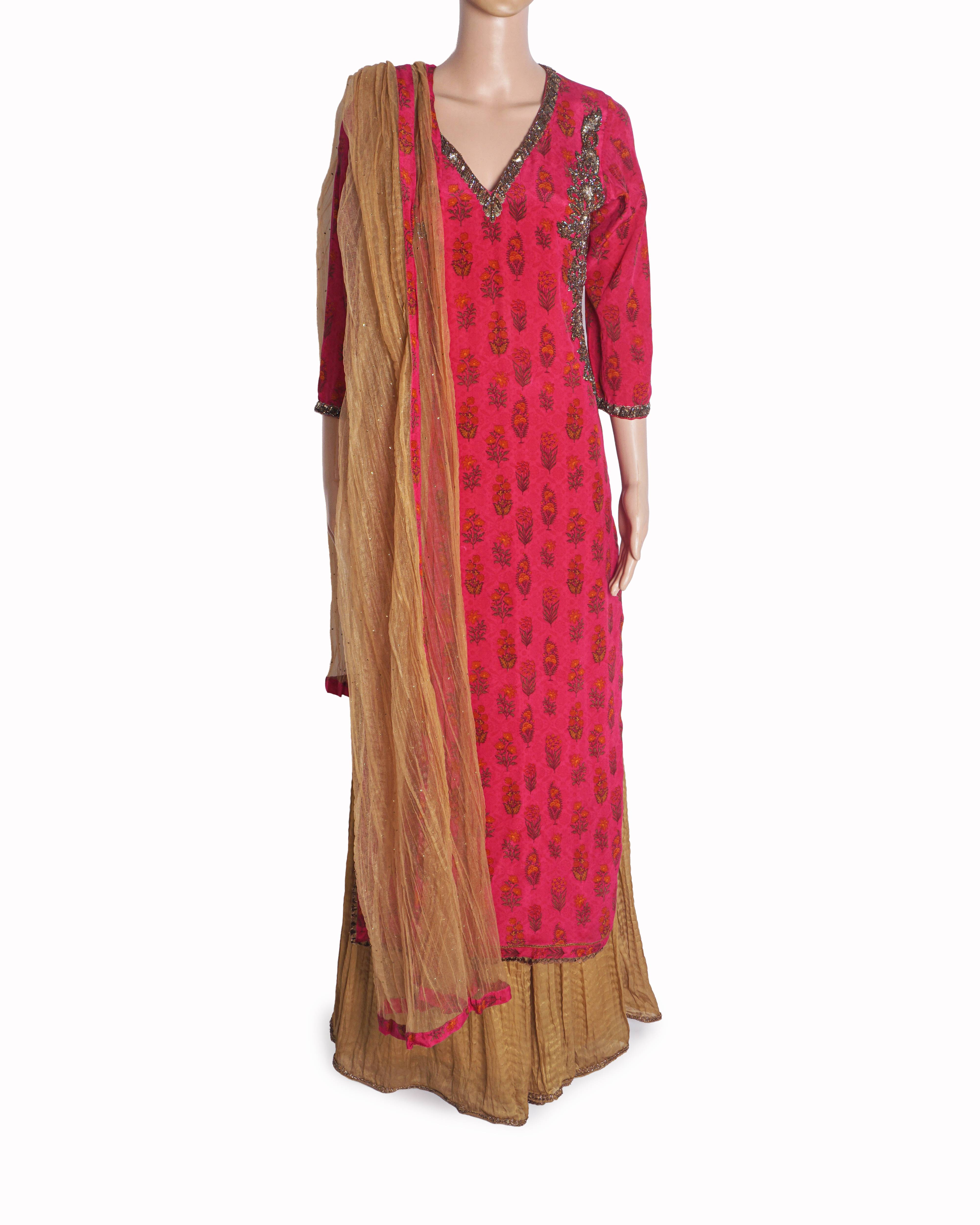 Seema Khan Hot Pink & Gold Embroidered Kurta Set