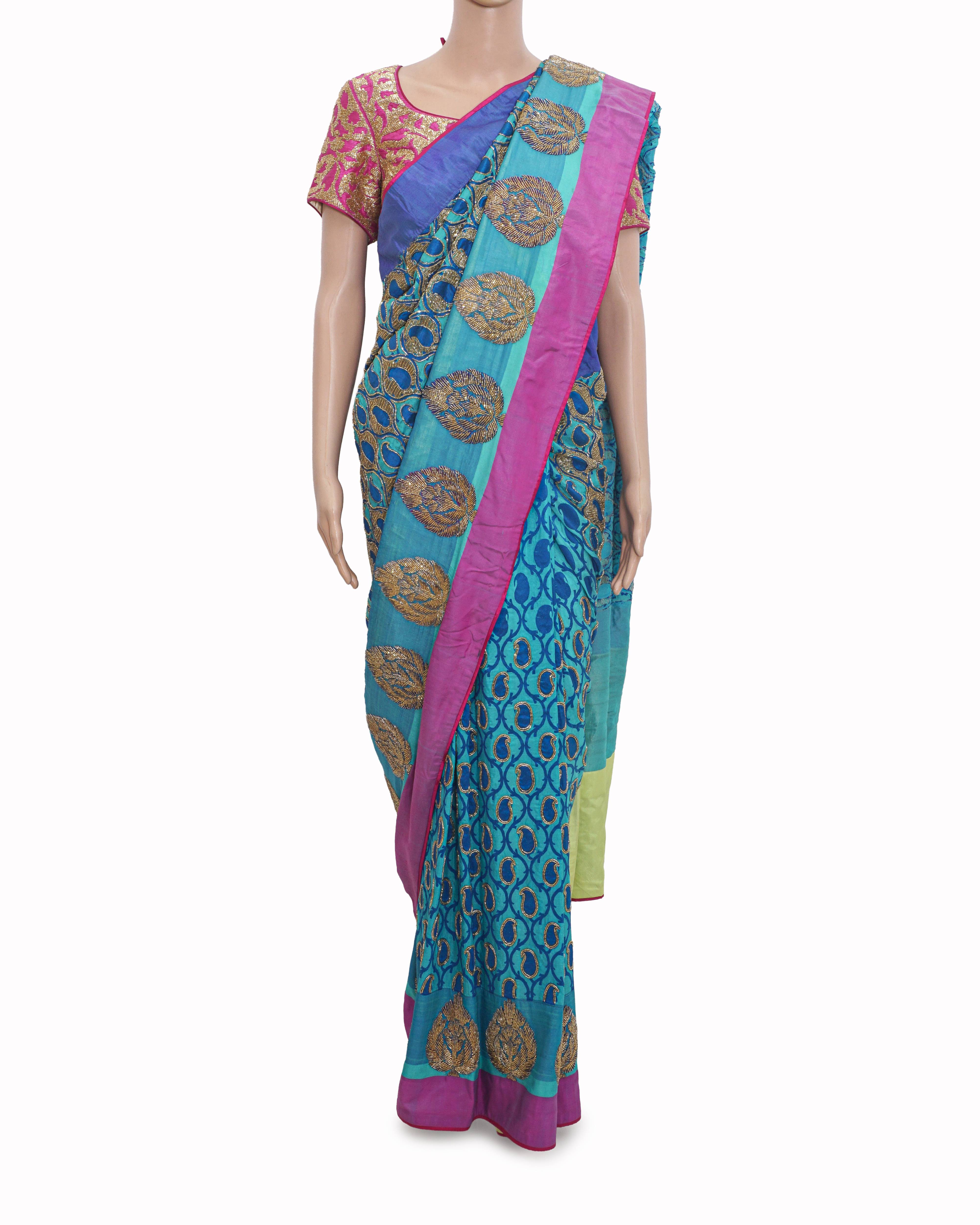 Jade by Monica & Karishma Turquoise Blue & Magenta Gold Zardozi Saree Set