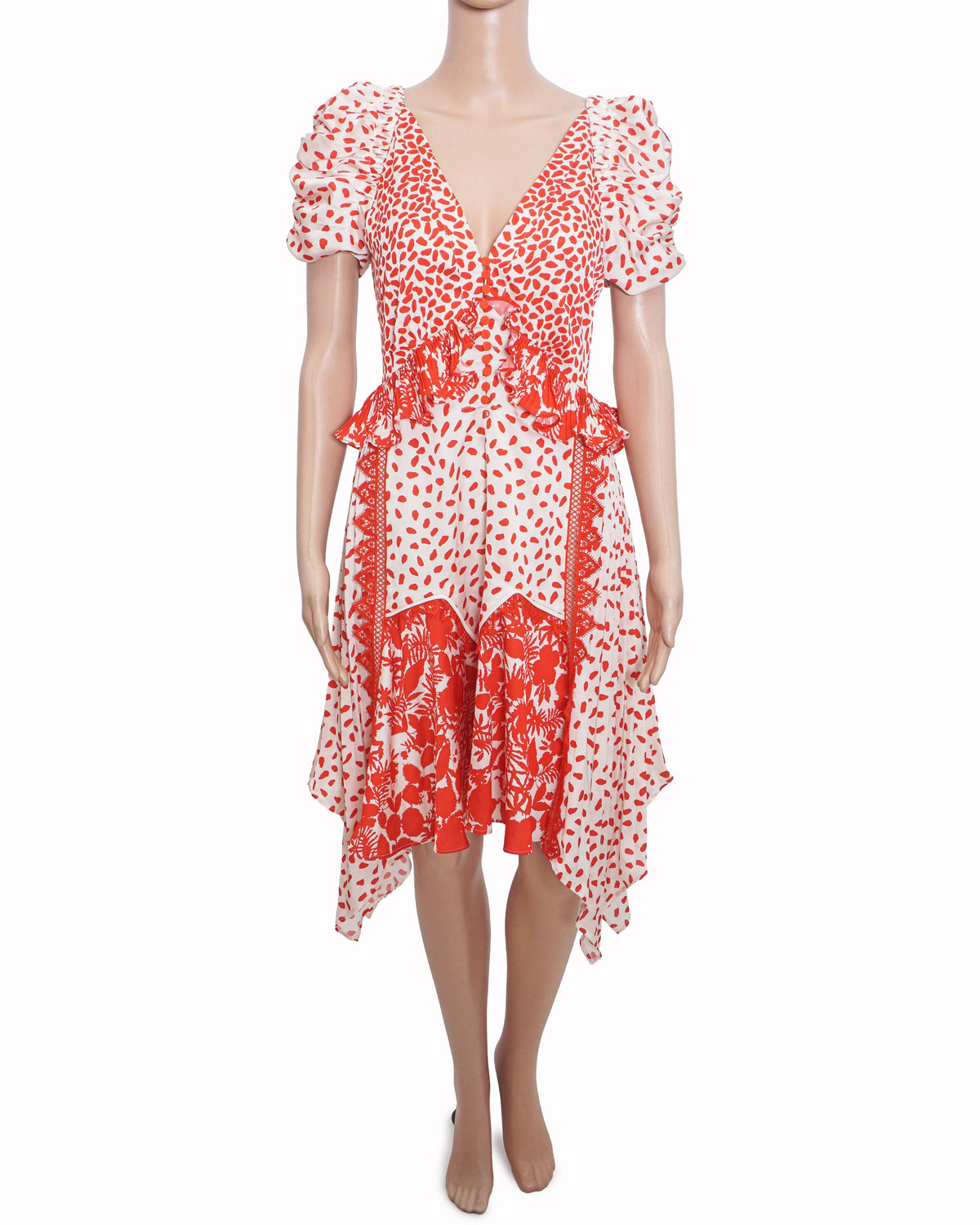 Self-Potrait Satin Printed Handkerchief Dress In Cream-Red