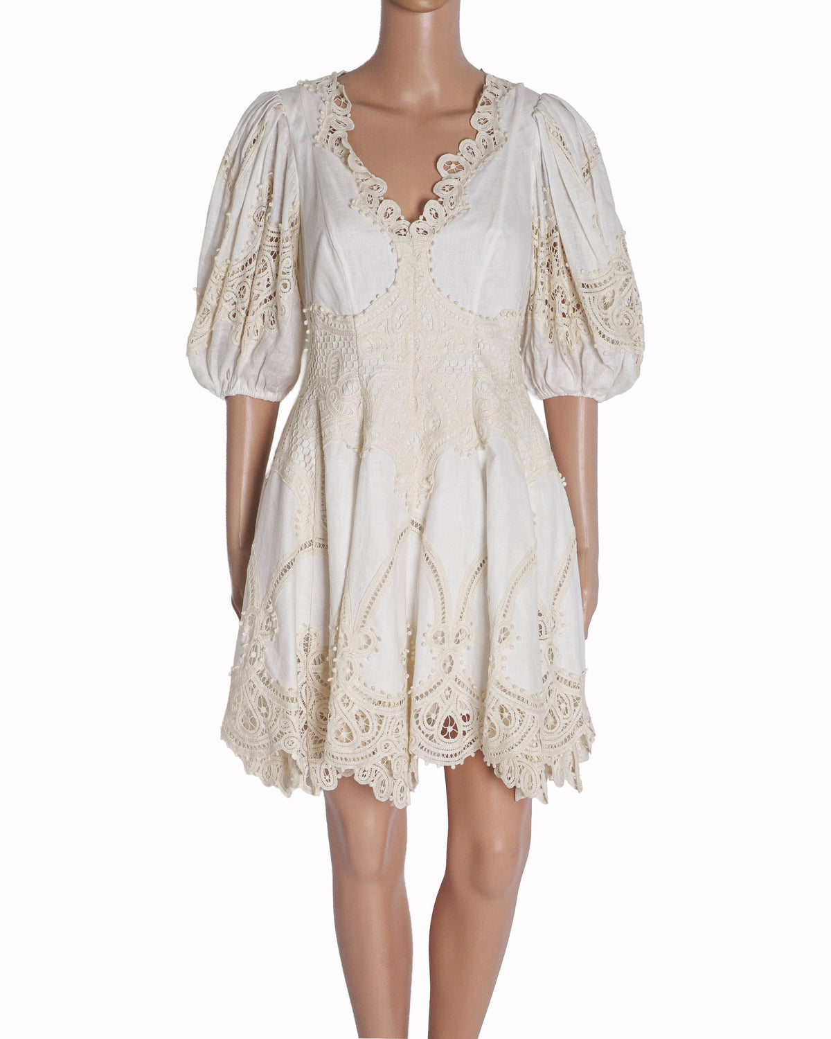 Zimmermann Ivory Crocheted Lace-Paneled Linen Mini Dress