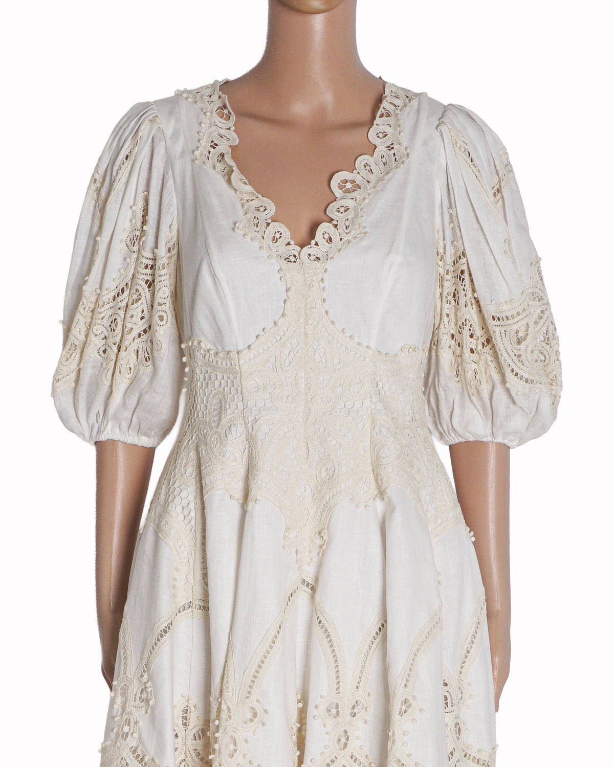 Zimmermann Ivory Crocheted Lace-Paneled Linen Mini Dress