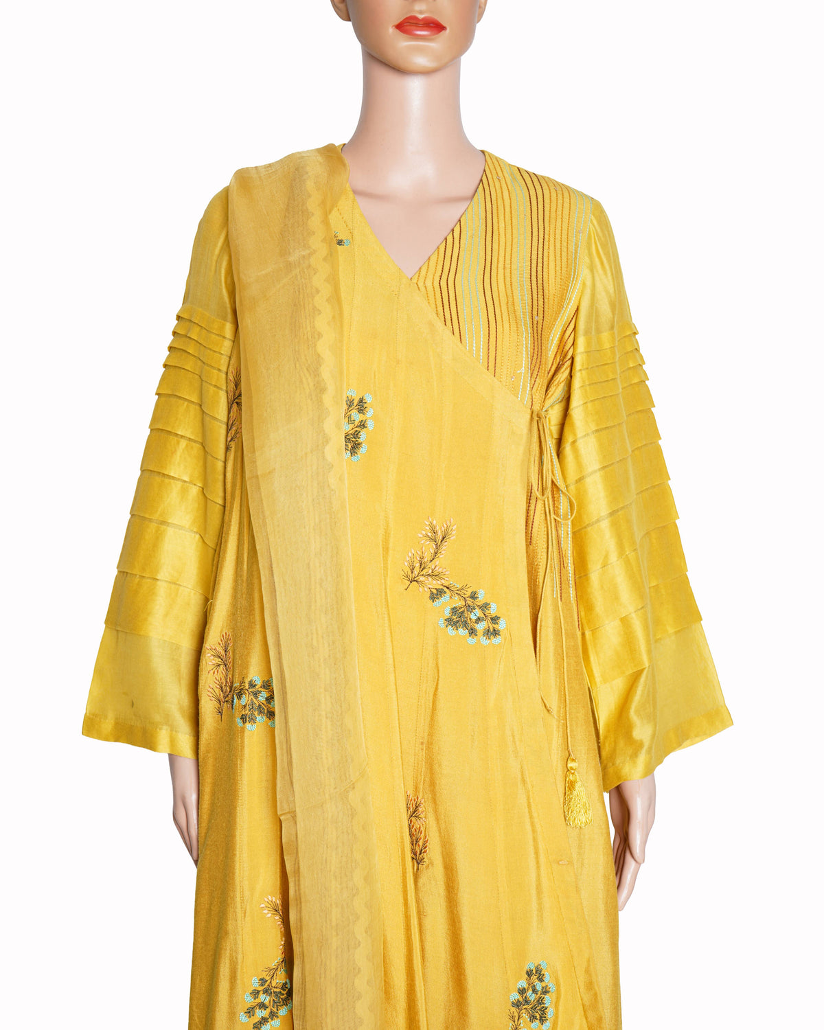 Devnaagri Mustard Yellow Wrap-Up Angrakha Style Dress Set