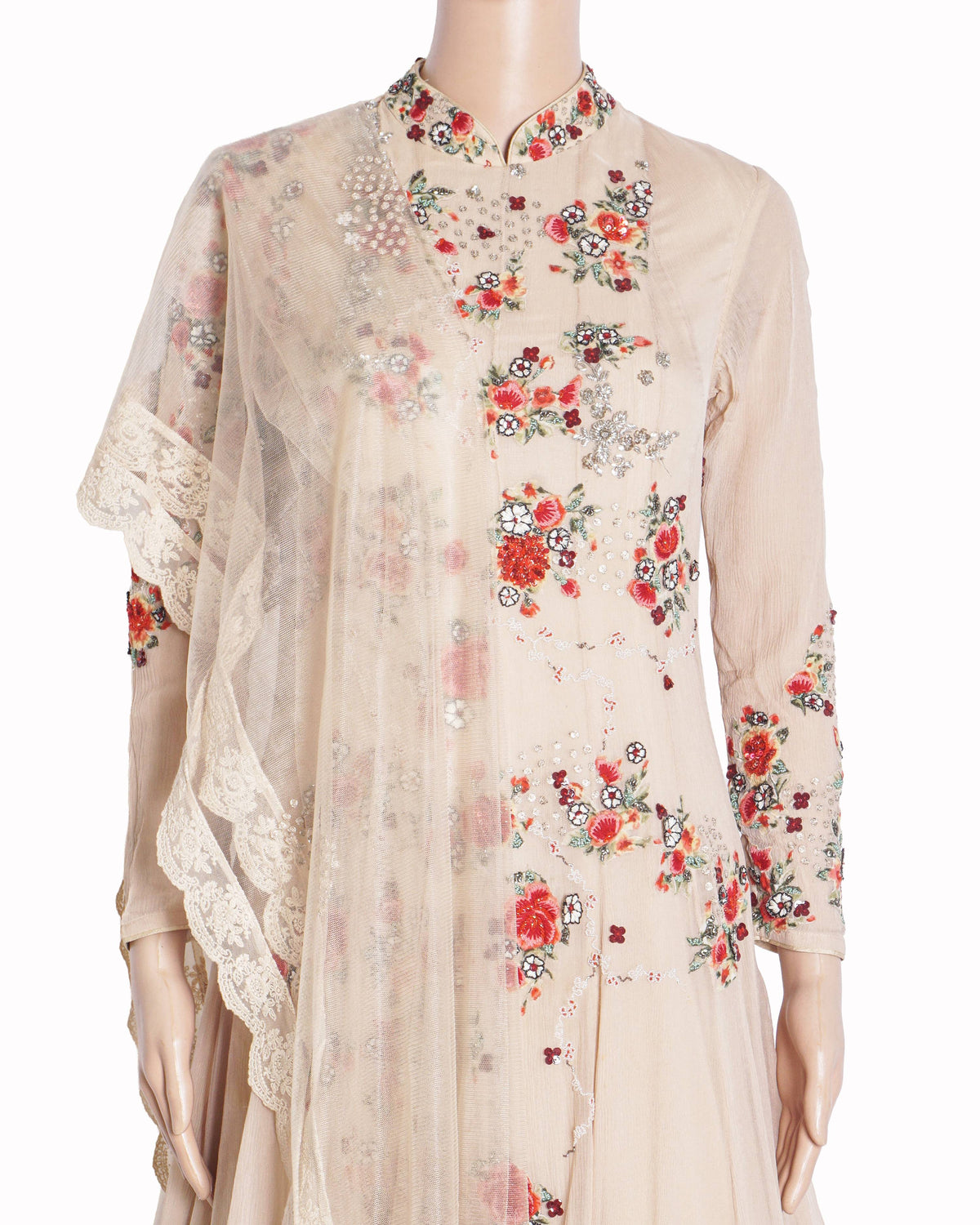 Dolly J Beige Floral Embroidered Floor-Length Gown With Dupatta