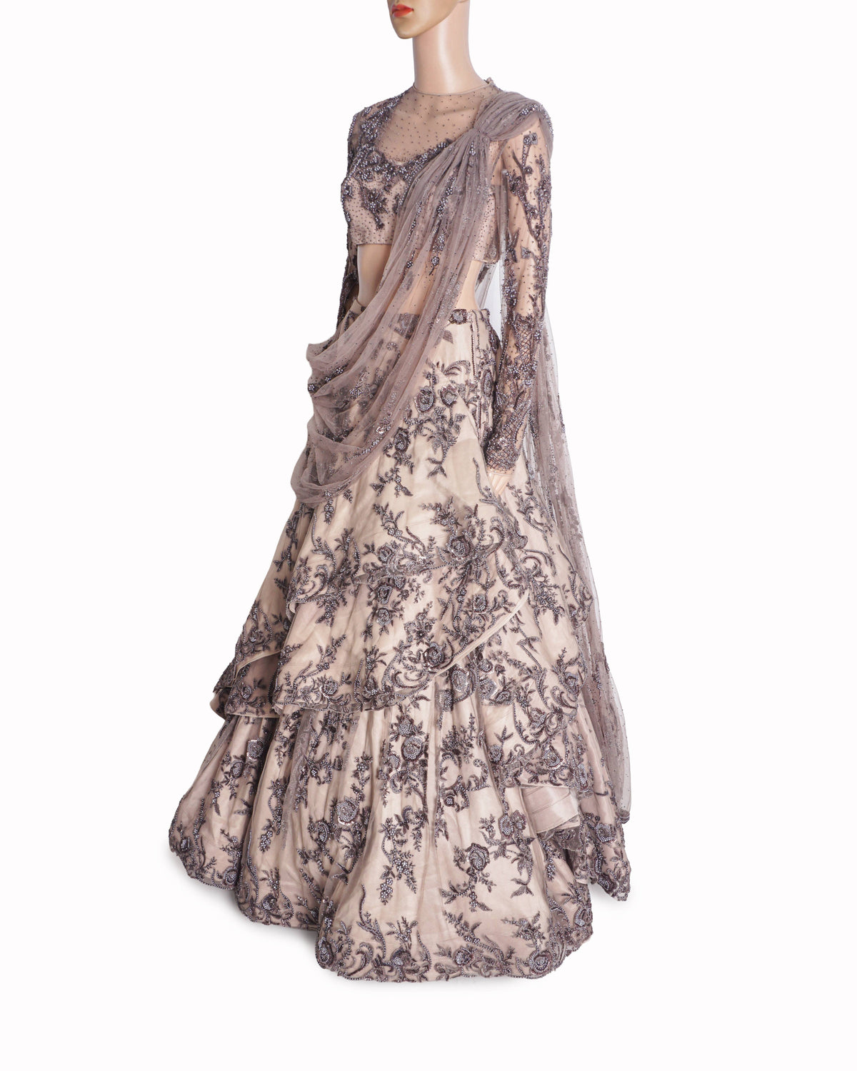 Gaurav Gupta Silver Sculpted Ivy Saree Lehenga Set