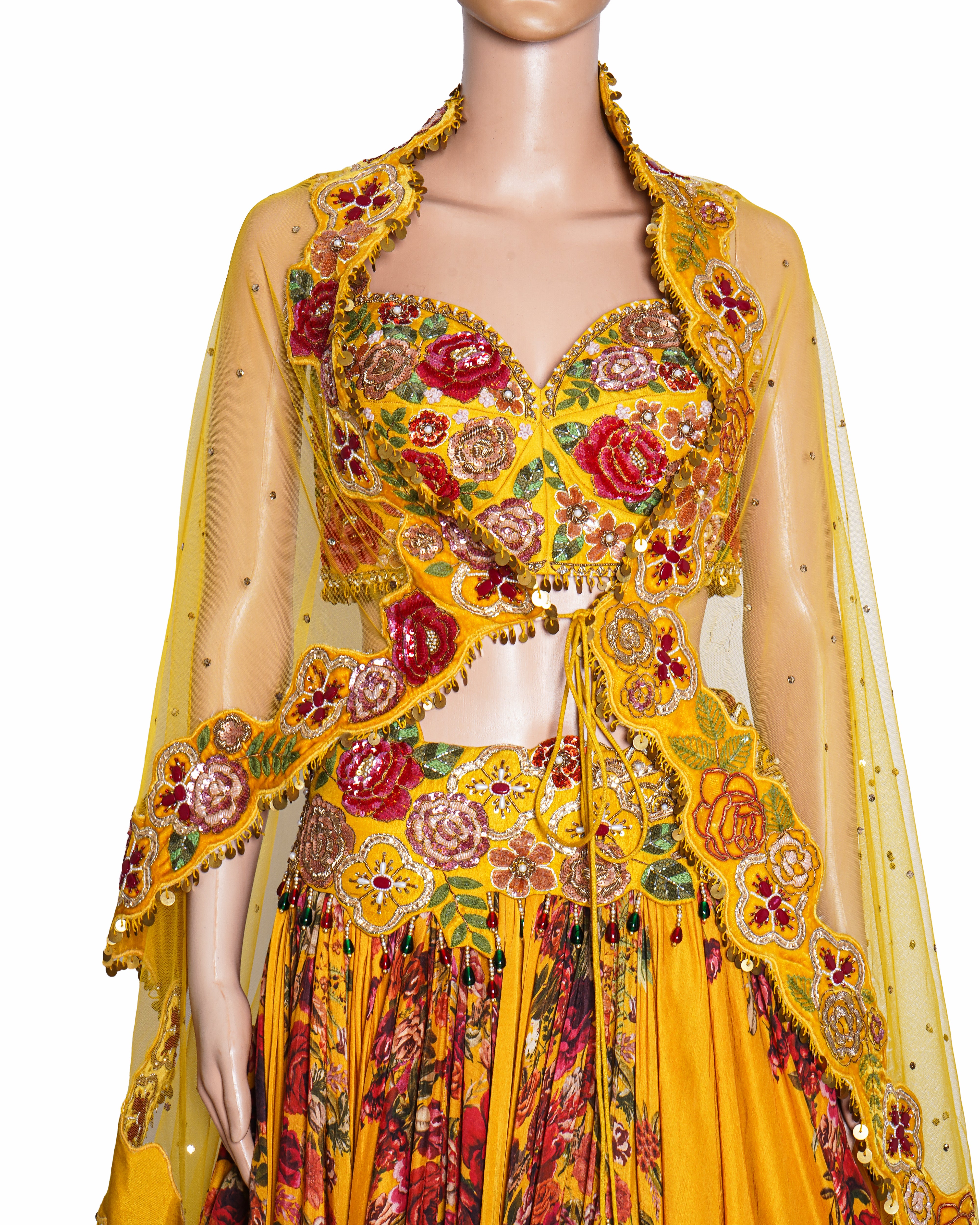 Gazal Gupta Yellow Floral Printed and Embroidered Lehenga Set