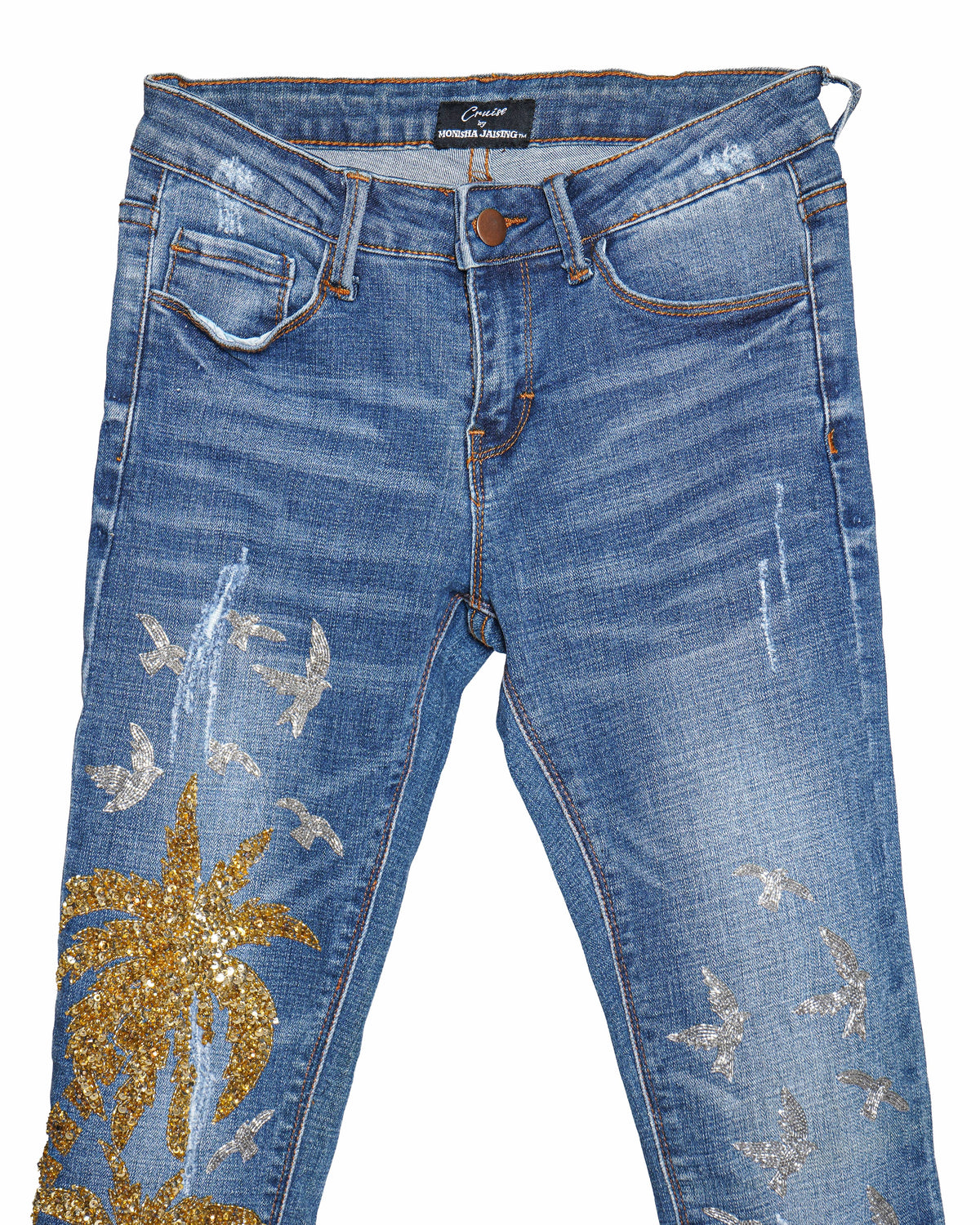 Monisha Jaisingh Women's Embroidered Gold Sequin Palm Tree Jeans