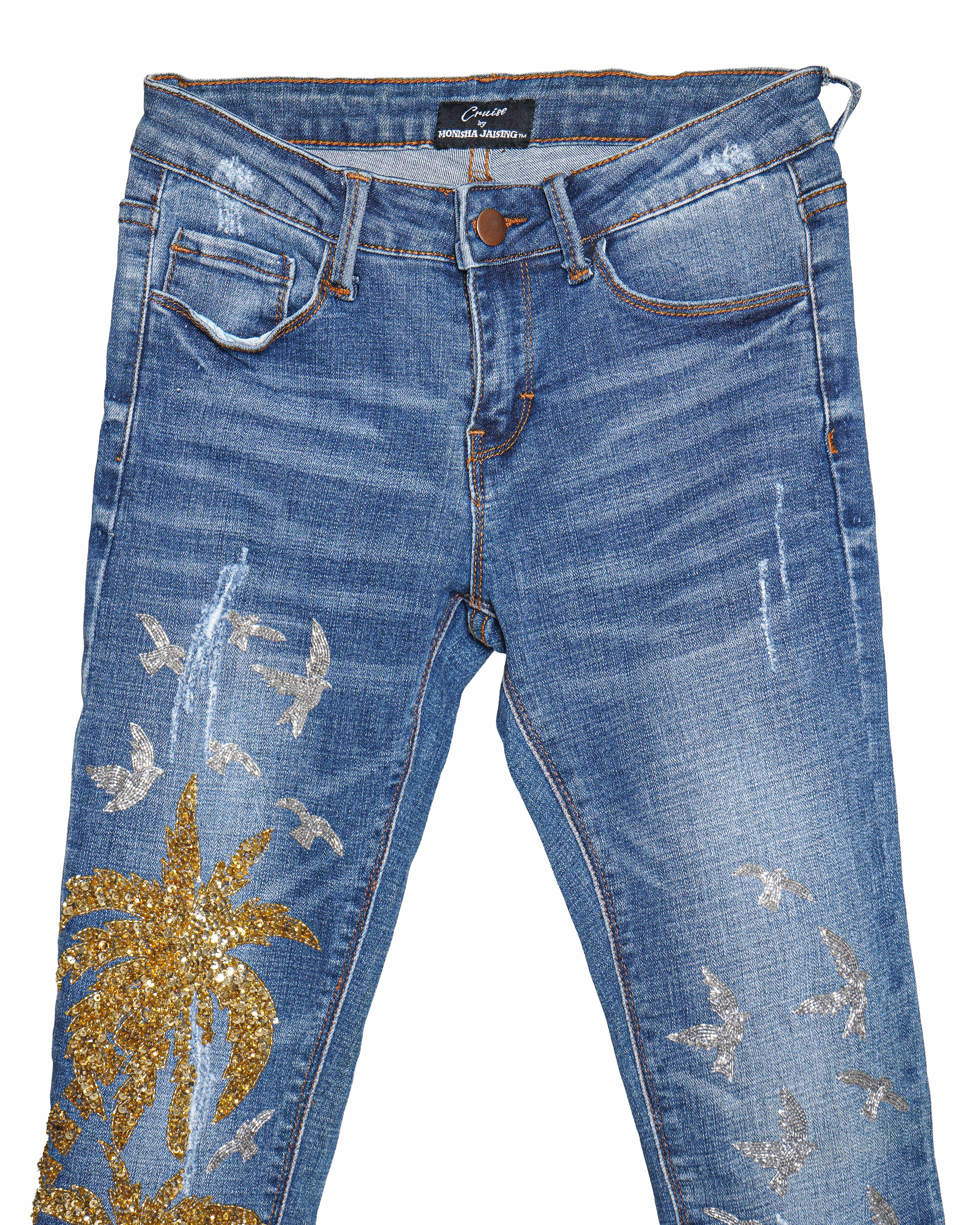 Monisha Jaisingh Women's Embroidered Gold Sequin Palm Tree Jeans