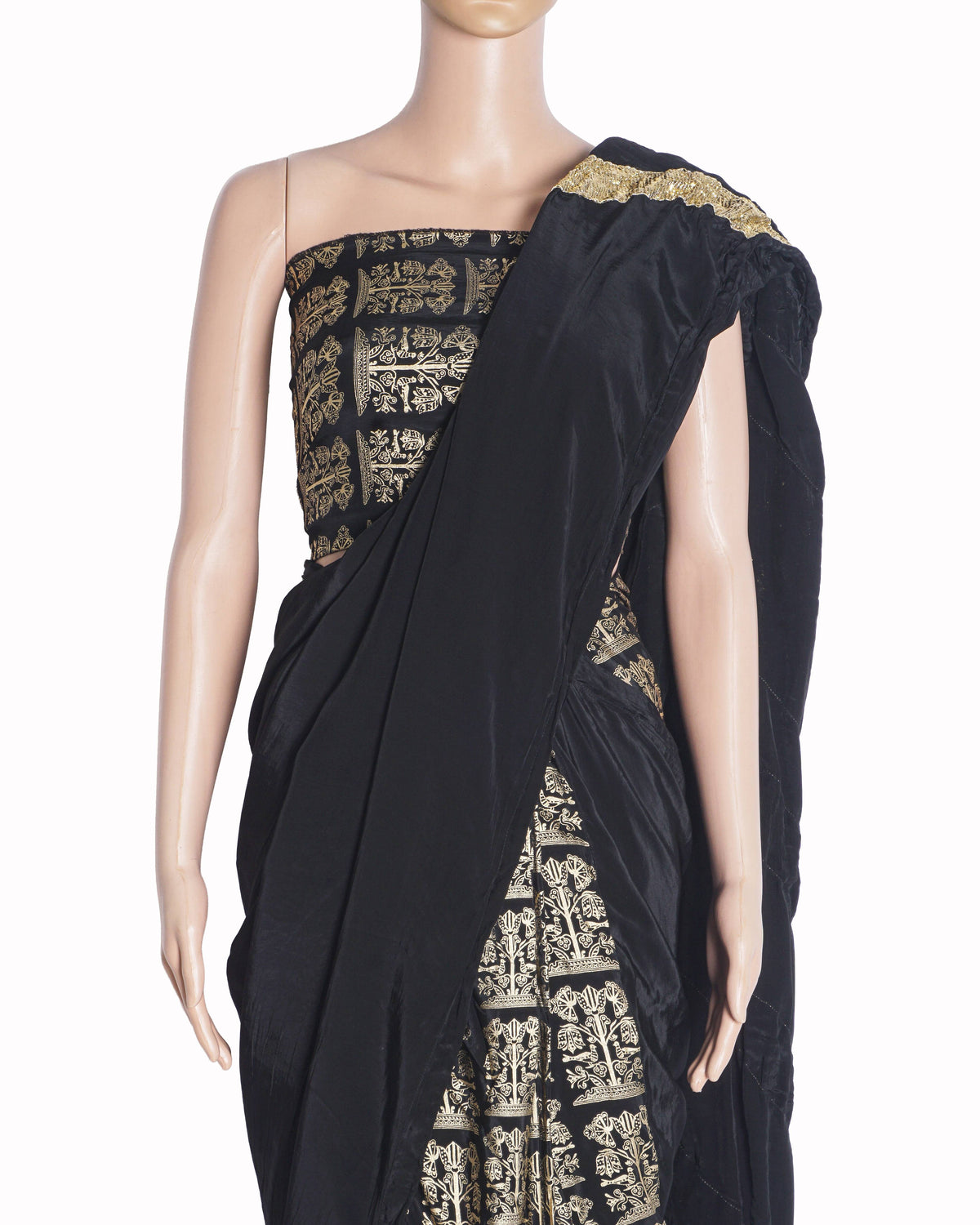 Masaba Black & Gold Birds Foil Printed Pre-Pleated Saree