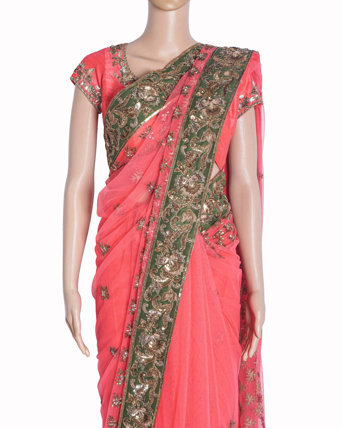 Manish Malhotra Hot Pink & Olive Green Embroidered Saree Set