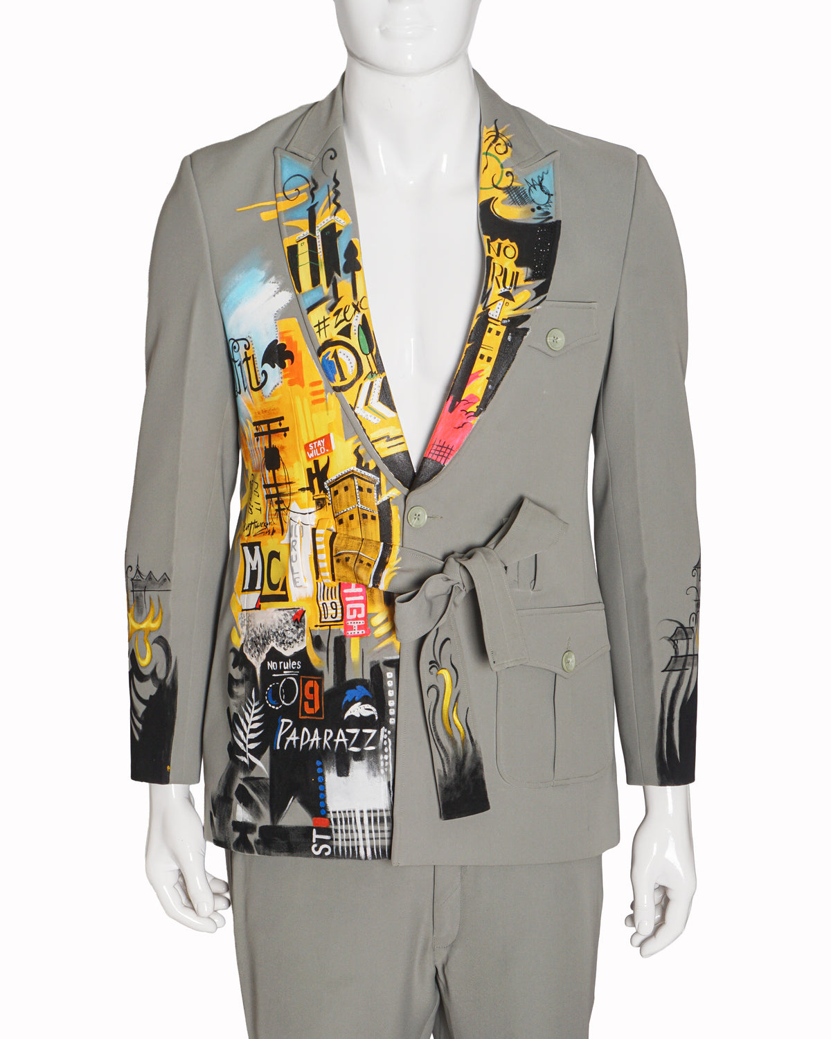 Mayank Chawla Sage Green Graffiti Belted Blazer Suit Set