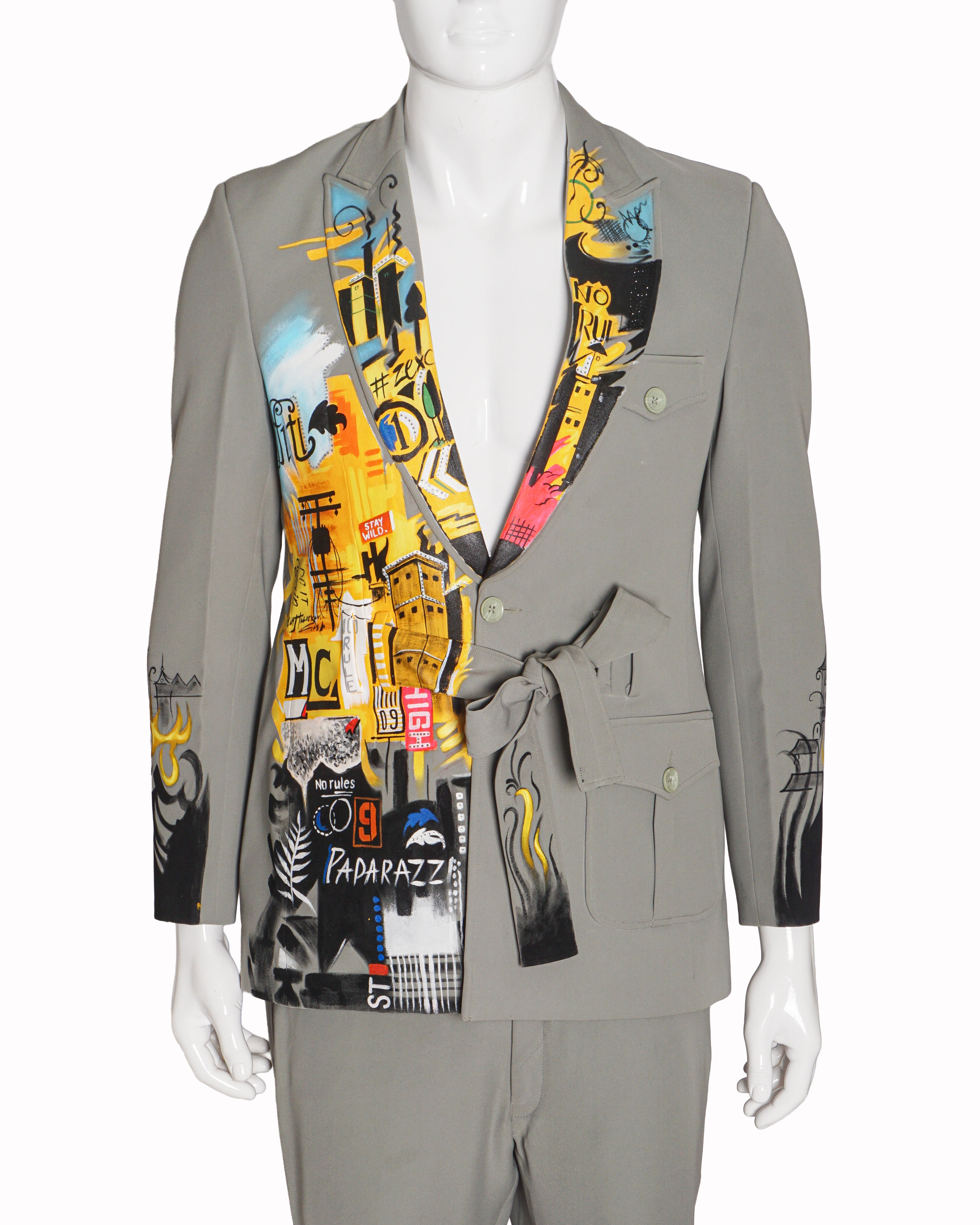 Mayank Chawla Sage Green Graffiti Belted Blazer Suit Set
