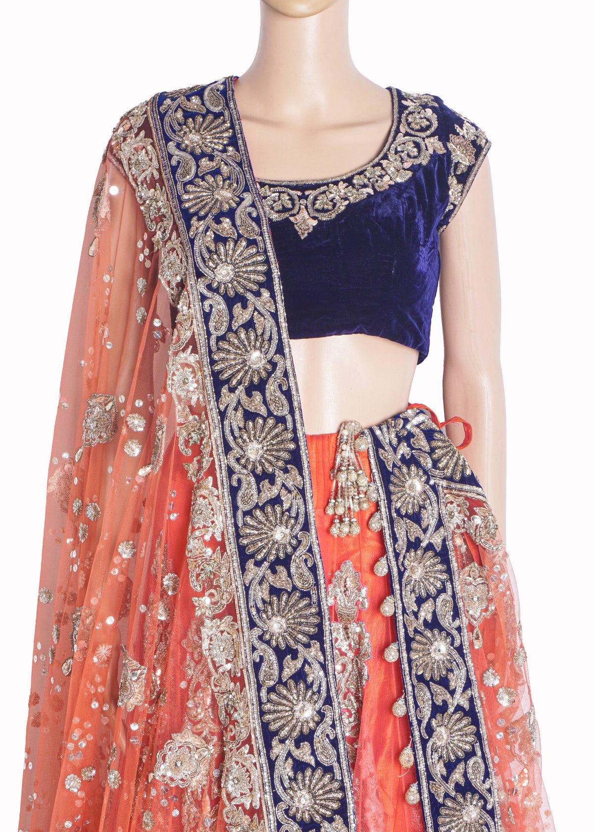 Manish Malhotra Coral Pink & Royal Blue Velvet Lehenga Set