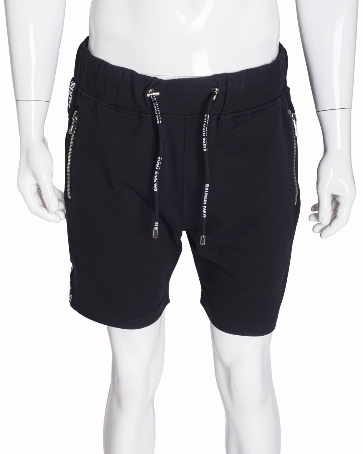 Balmain Men's Black Cotton Side Logo Tape Zipper Shorts