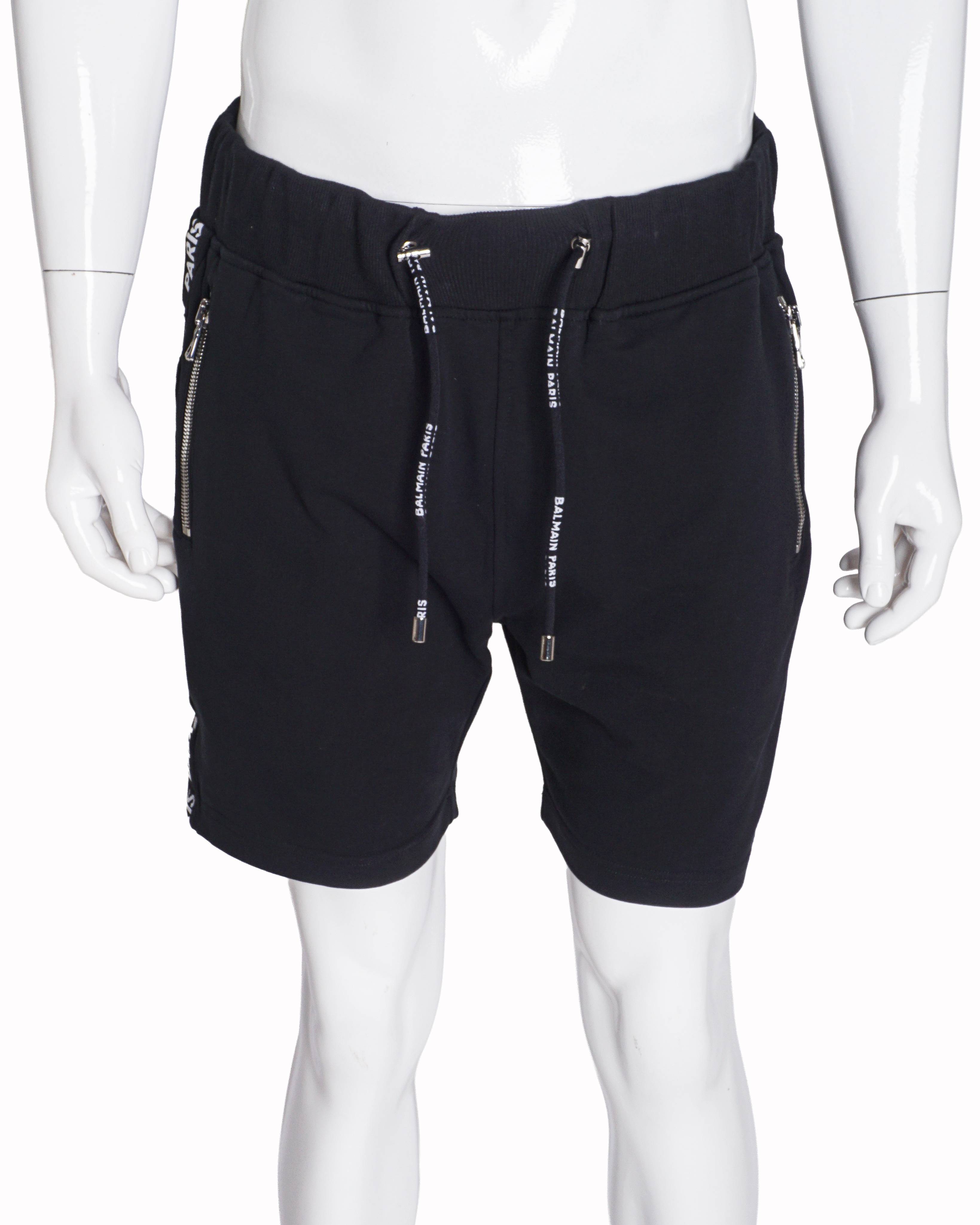 Balmain Men's Black Cotton Side Logo Tape Zipper Shorts