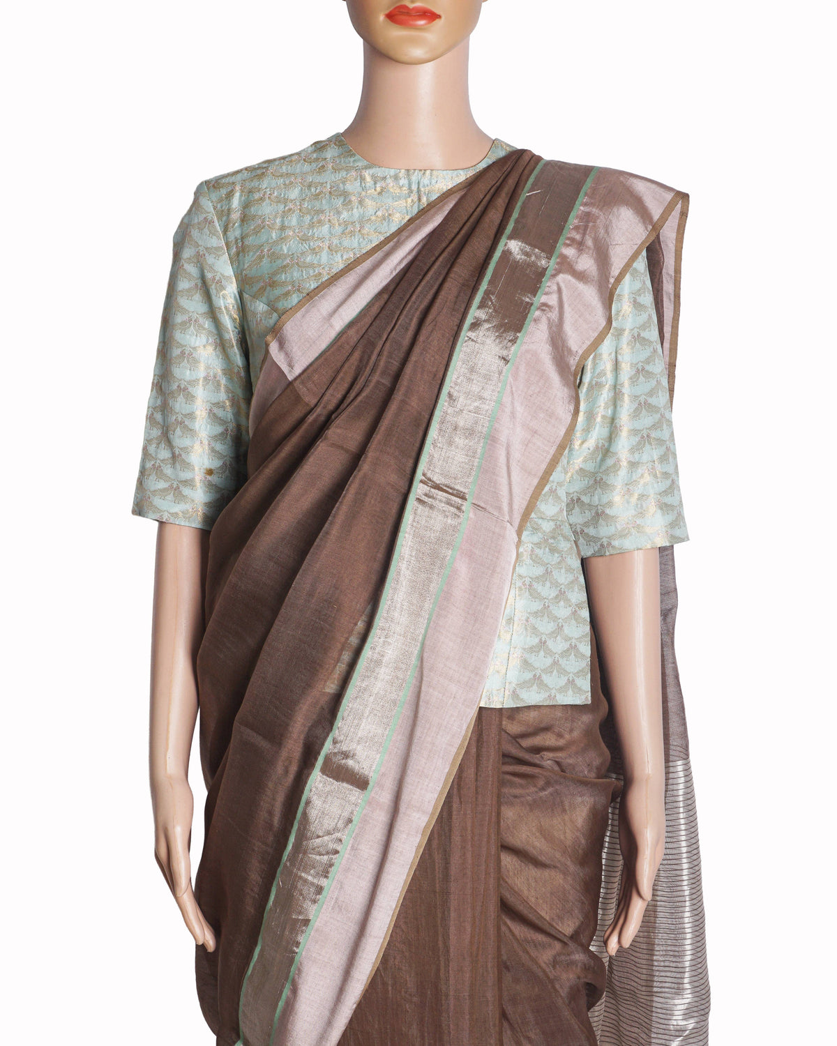 Raw Mango Brown Zari Saree & Blue Brocade Long Blouse Set