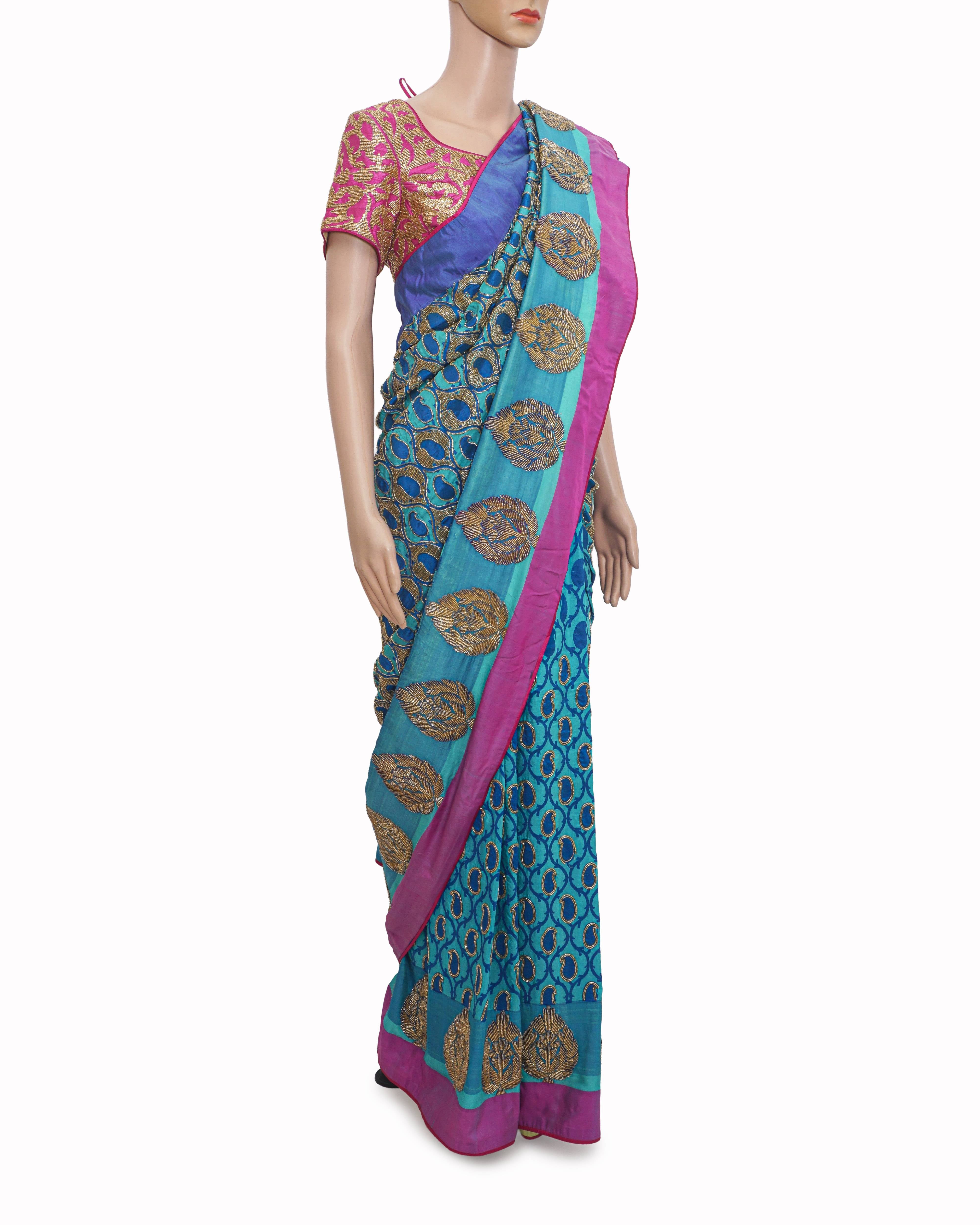 Jade by Monica & Karishma Turquoise Blue & Magenta Gold Zardozi Saree Set