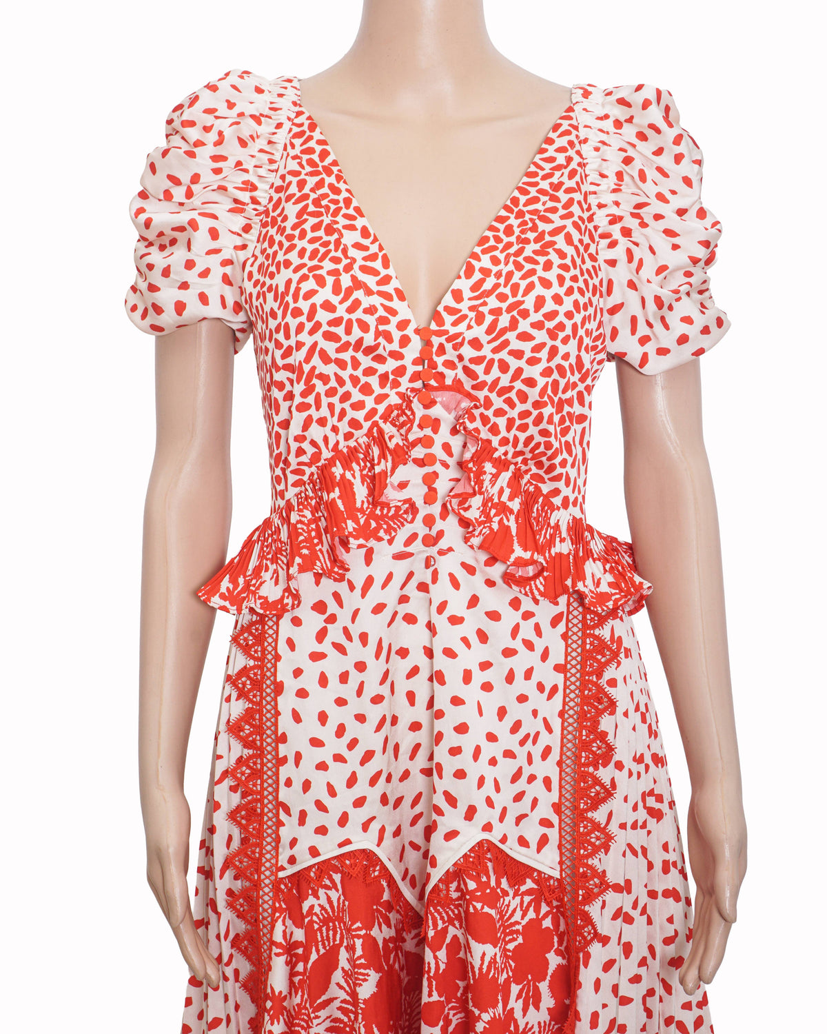 Self-Potrait Satin Printed Handkerchief Dress In Cream-Red