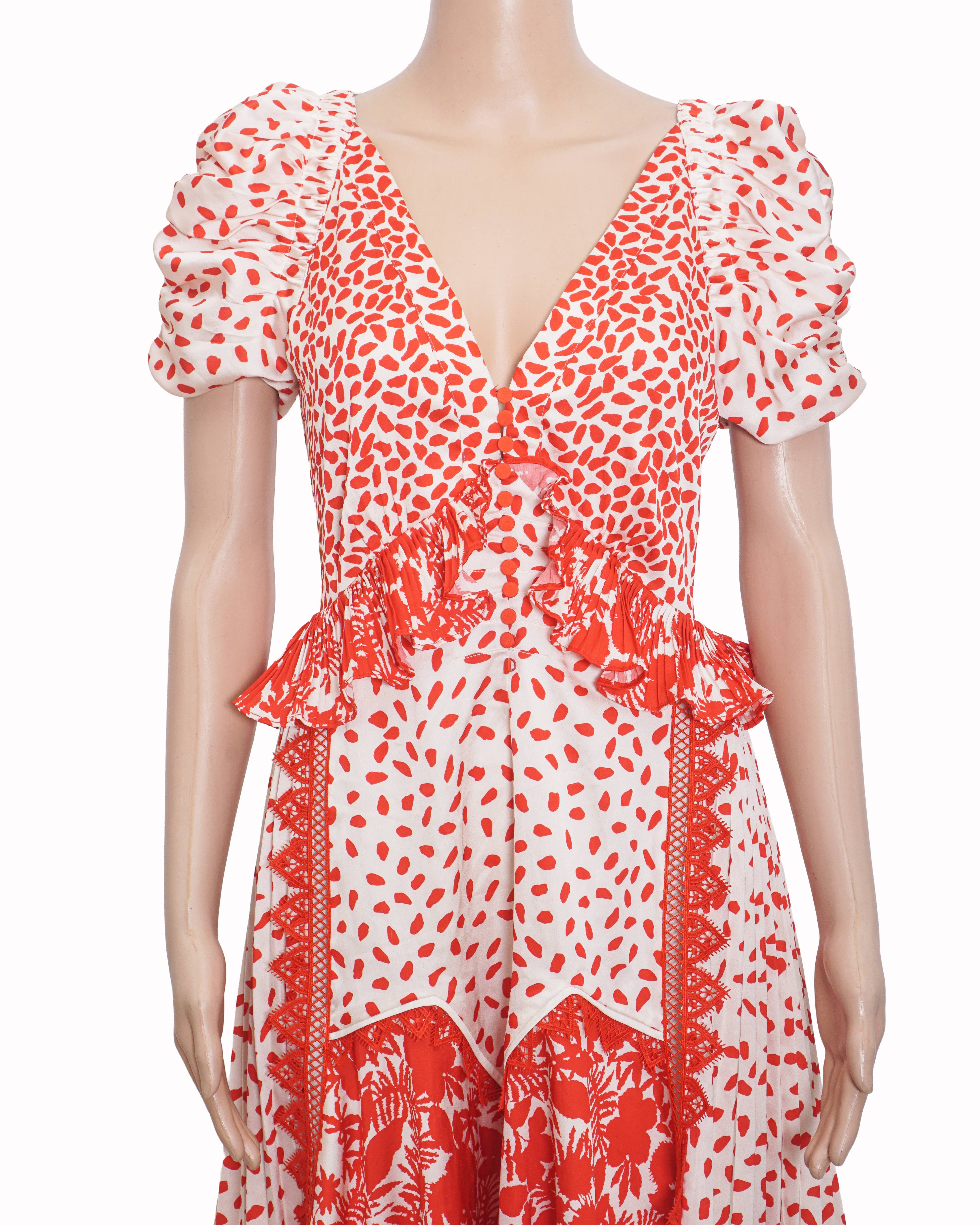 Self-Potrait Satin Printed Handkerchief Dress In Cream-Red