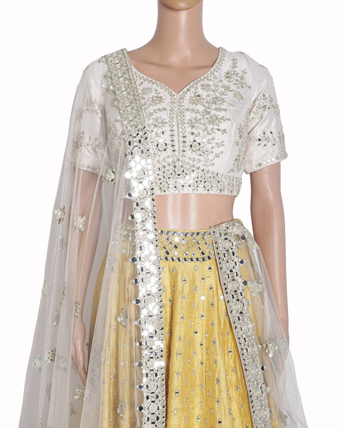 Abhinav Mishra Ivory & Yellow Mirror Work Lehenga Set